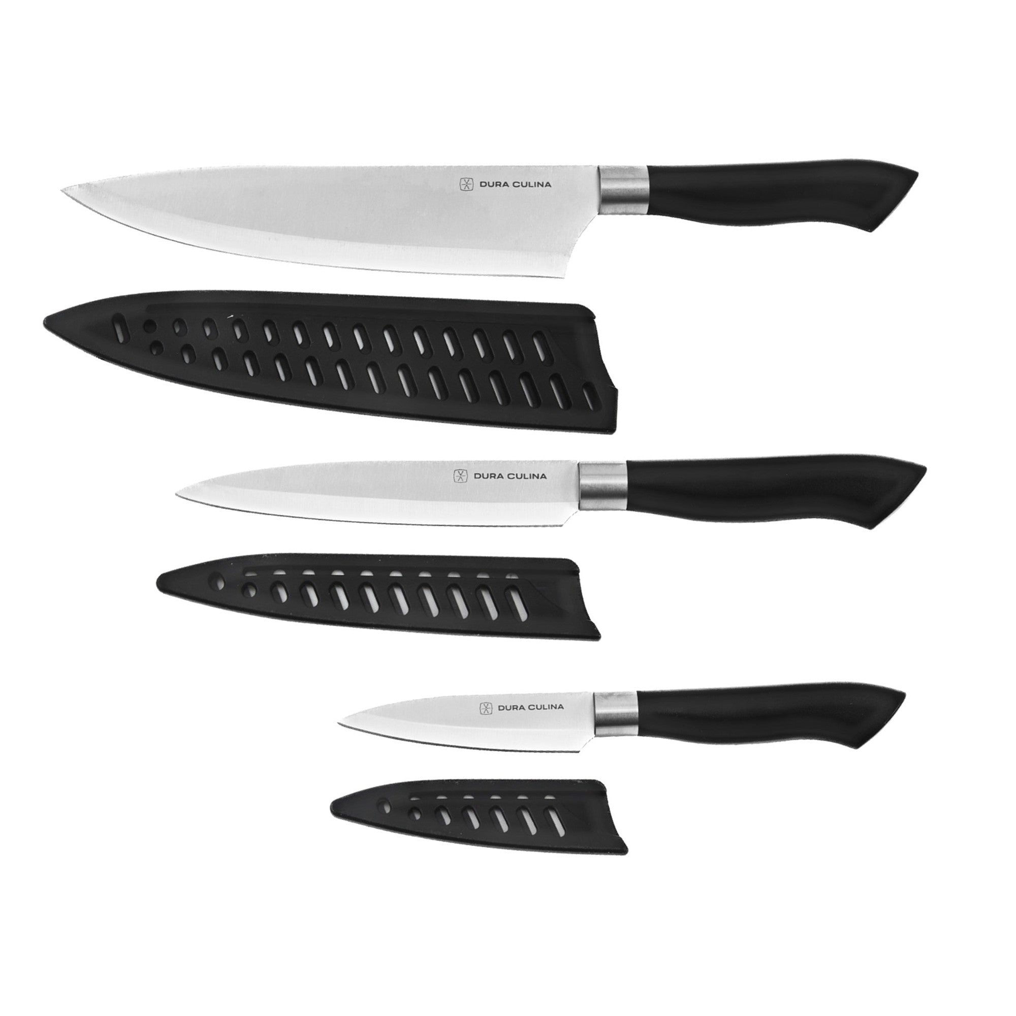5 Piece Kitchen Knife Set With Matching Blade Guards, Black – In Use – Dura Living