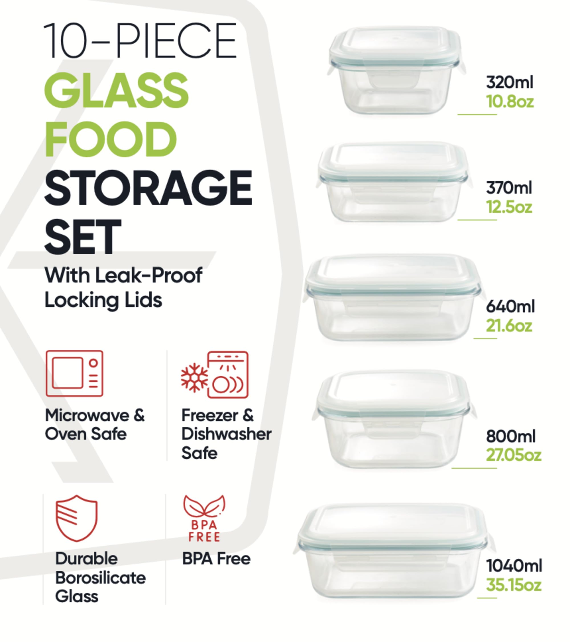 10-Piece Glass Food Storage Containers with Airtight Locking Lids (5 Containers + 5 Lids)