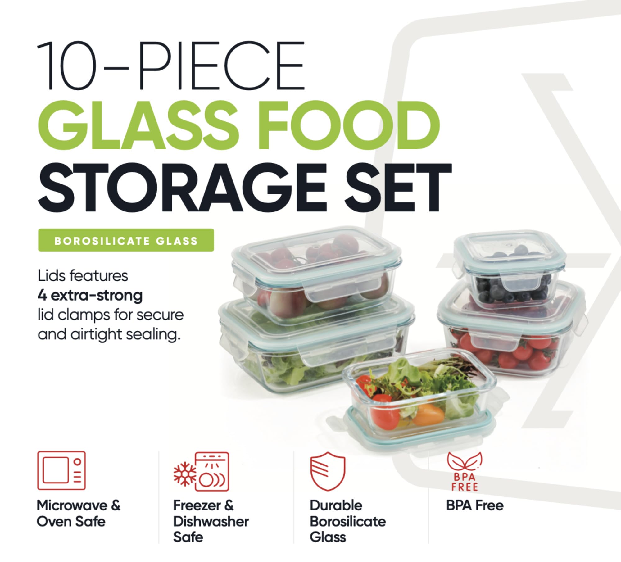 10-Piece Glass Food Storage Containers with Airtight Locking Lids (5 Containers + 5 Lids)
