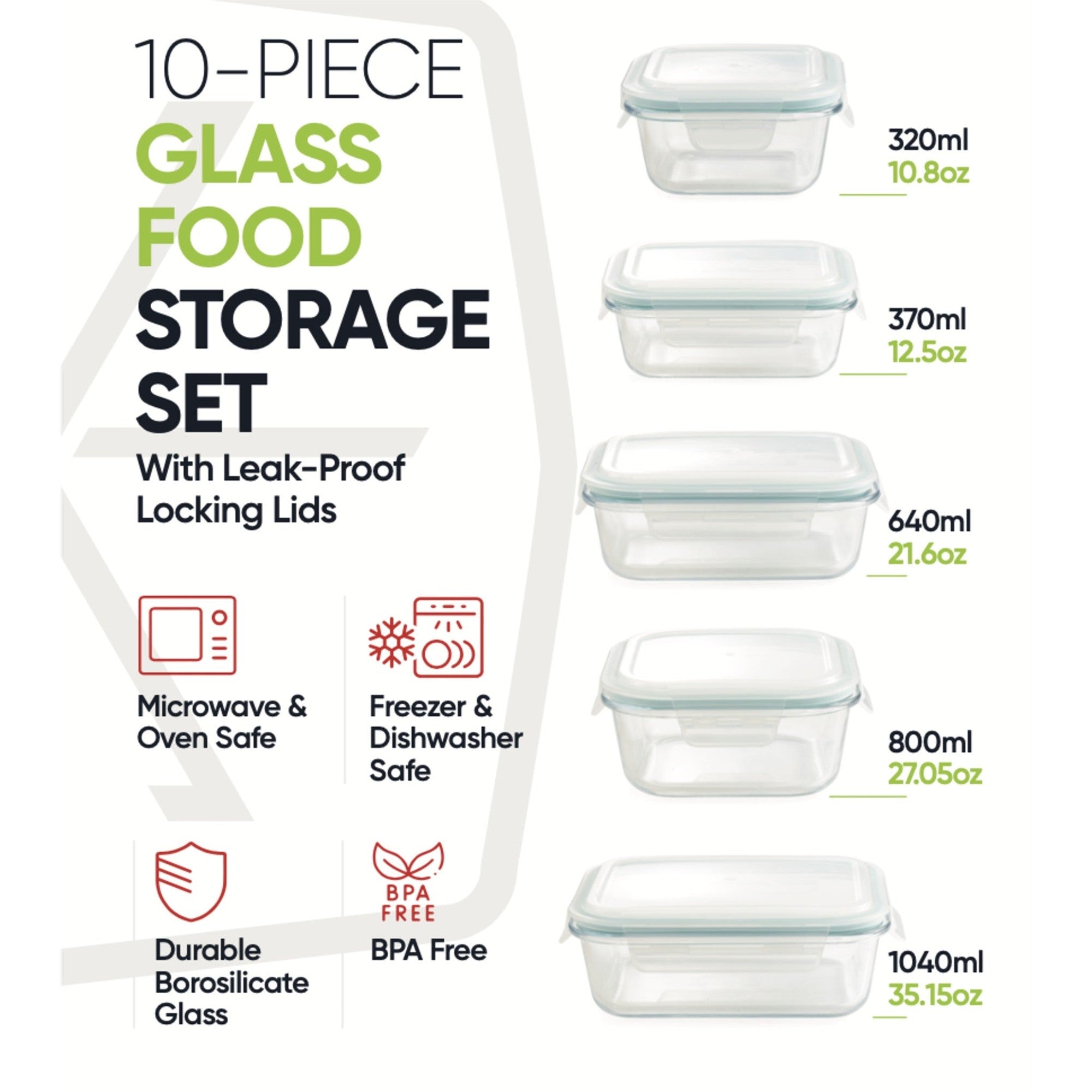 10-Piece Glass Food Storage Containers with Airtight Locking Lids (5 Containers + 5 Lids) – Alternate View – Dura Living