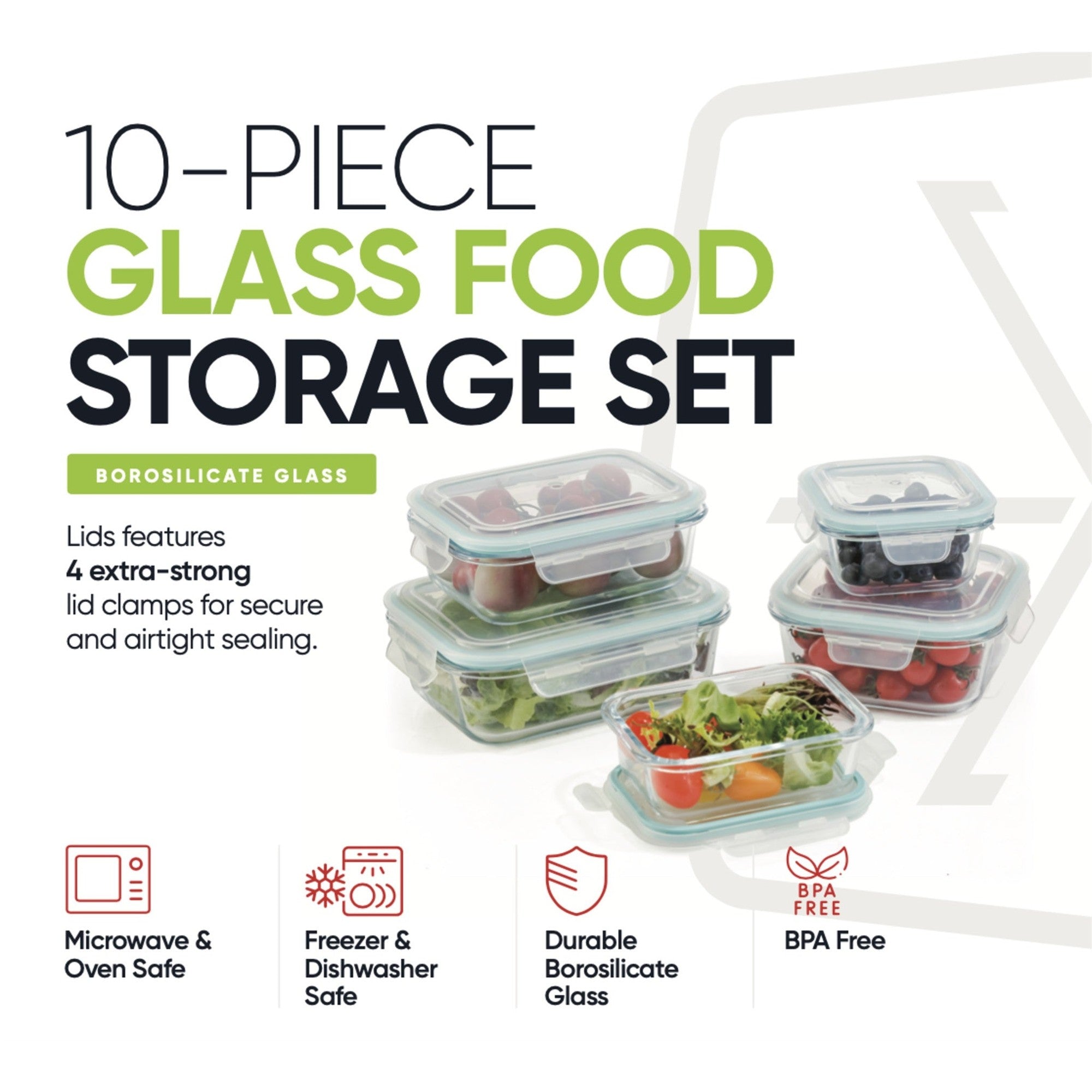 10-Piece Glass Food Storage Containers with Airtight Locking Lids (5 Containers + 5 Lids) – View 10 – Dura Living