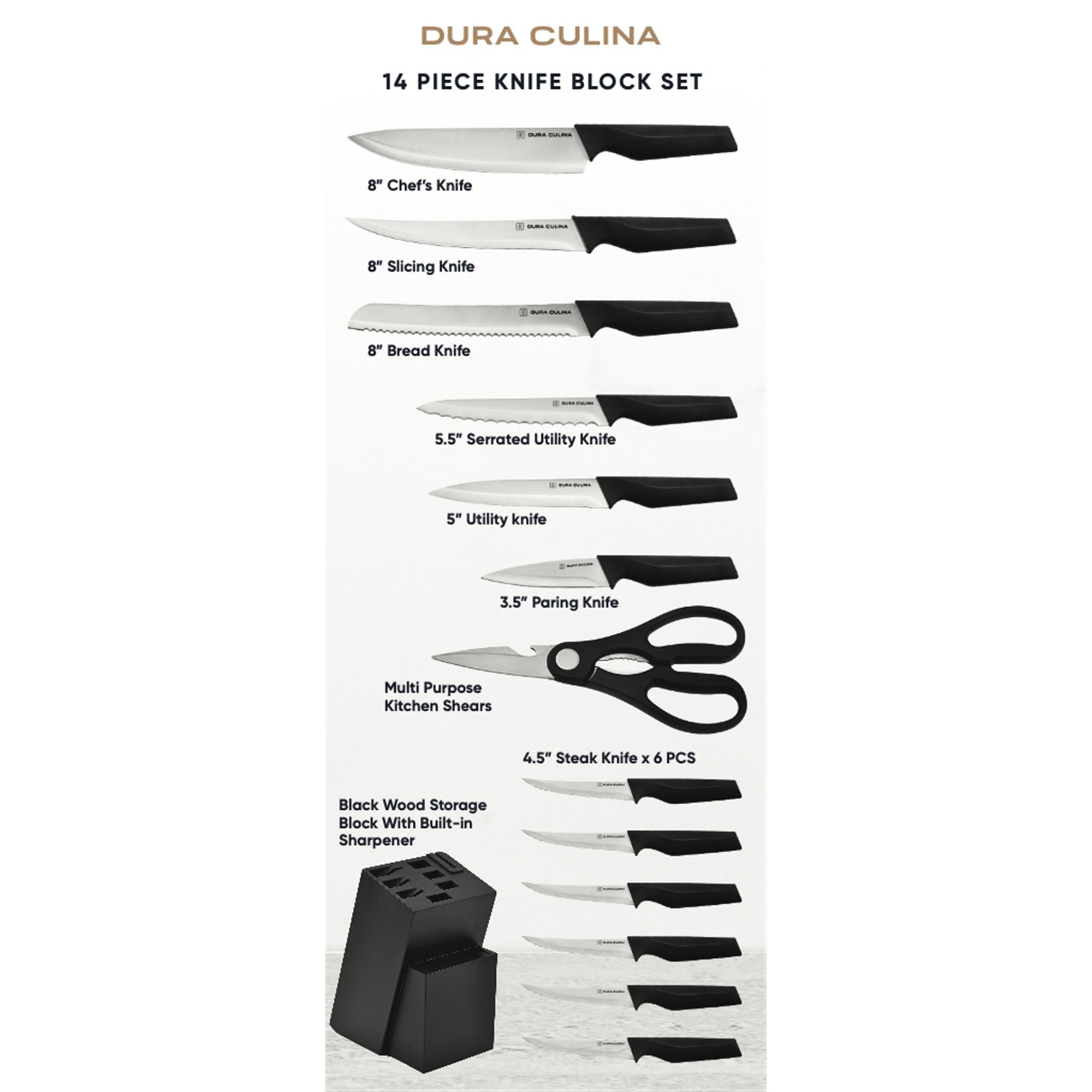 14-Piece Knife Block Set - High Carbon Stainless Steel with Ergonomic Handles, Built-In Sharpener, Black Wood Storage Block – Close-Up – Dura Living
