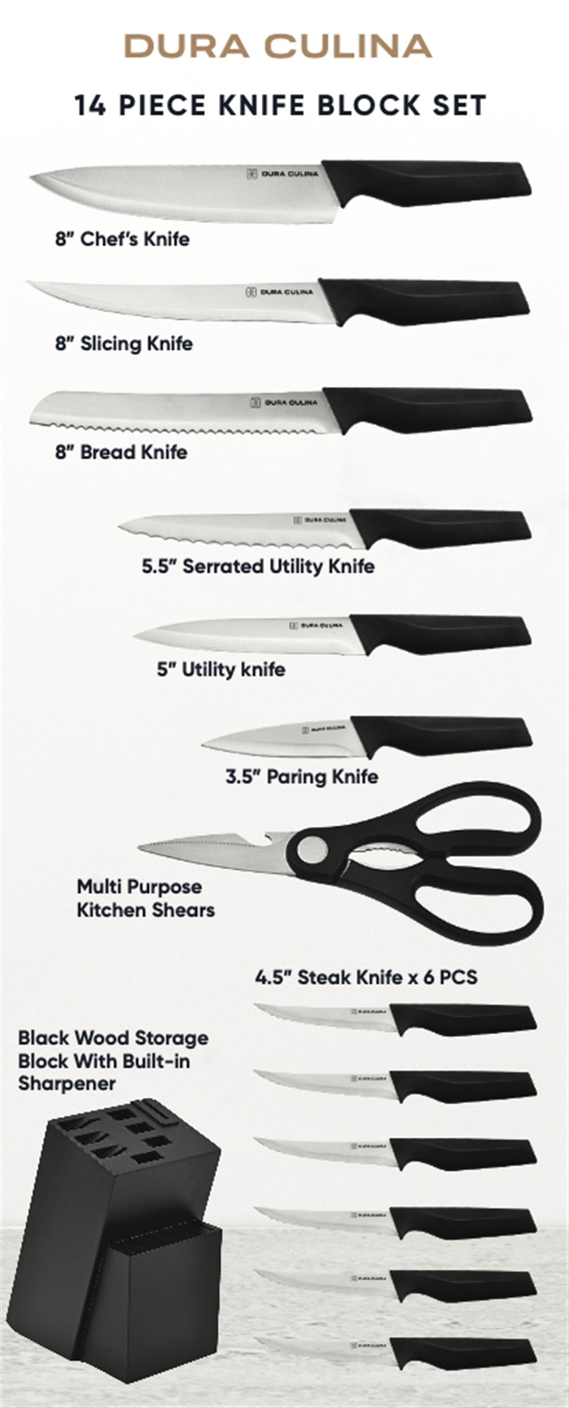 14-Piece Knife Block Set - High Carbon Stainless Steel with Ergonomic Handles, Built-In Sharpener, Black Wood Storage Block