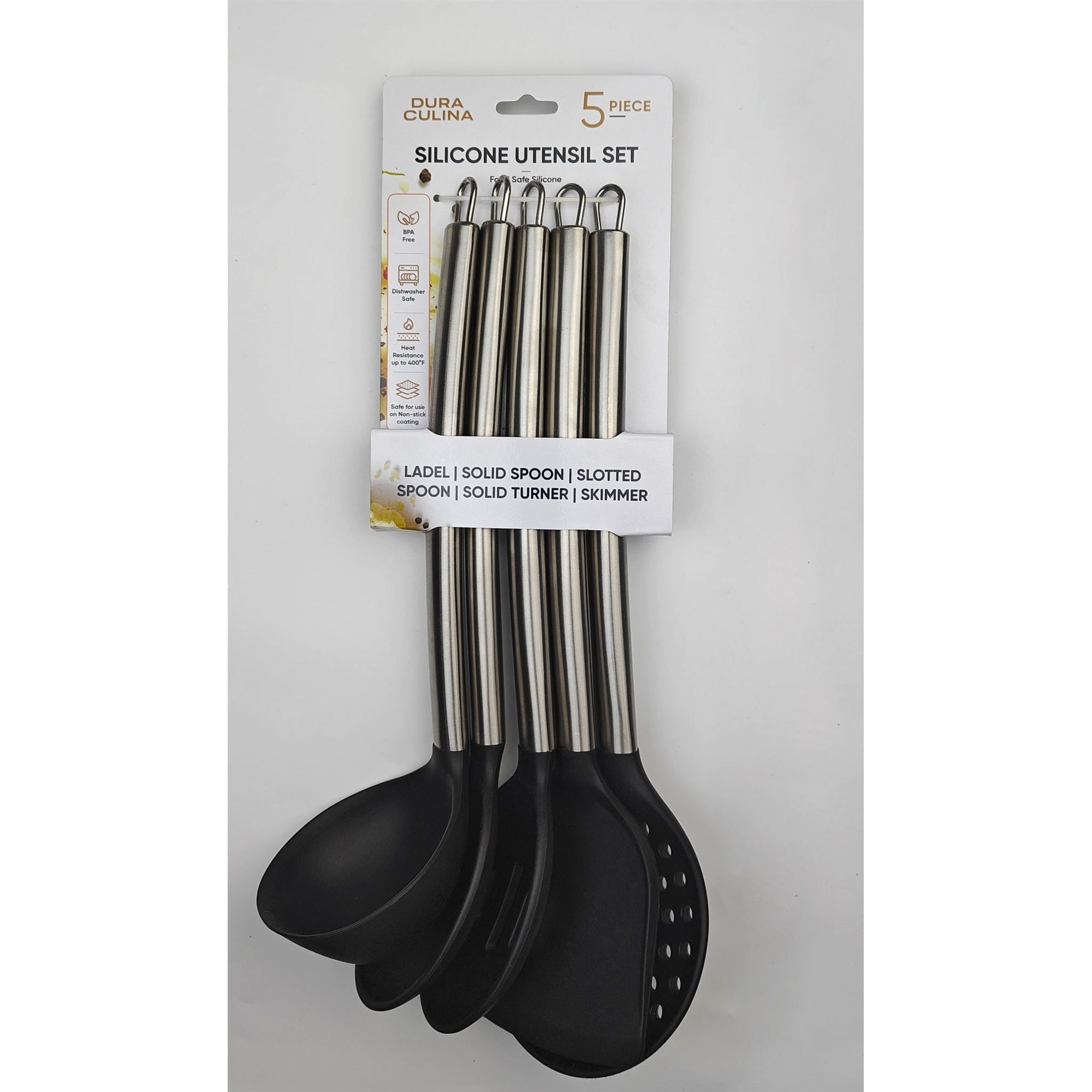 5-Piece Silicone Kitchen Tool Set (Black, s.s Handle) – Main View – Dura Living