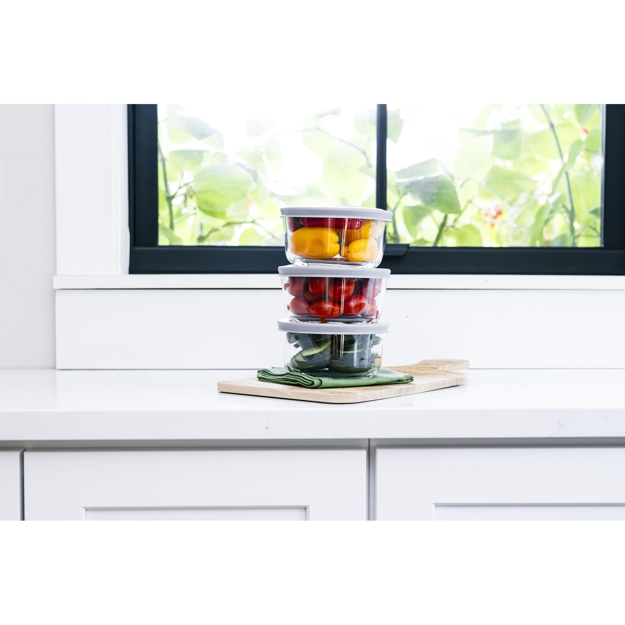 6 Piece Set (2 Cup / 16Oz)  Round Glass Storage Containers With Lids, Grey – Full Set – Dura Living