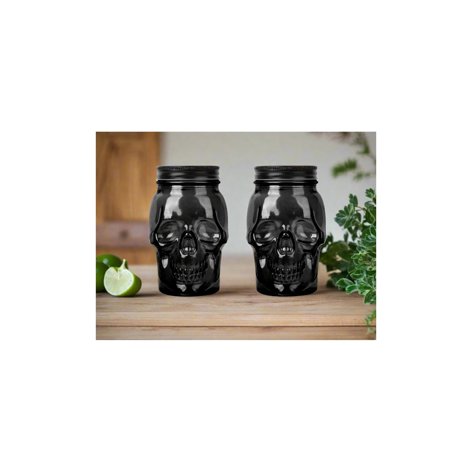 Skull Mason Jar with Lid, 4-Piece Set (2 skull Mason Jars & 2 Lids) 16oz, Black – Detail – Dura Living