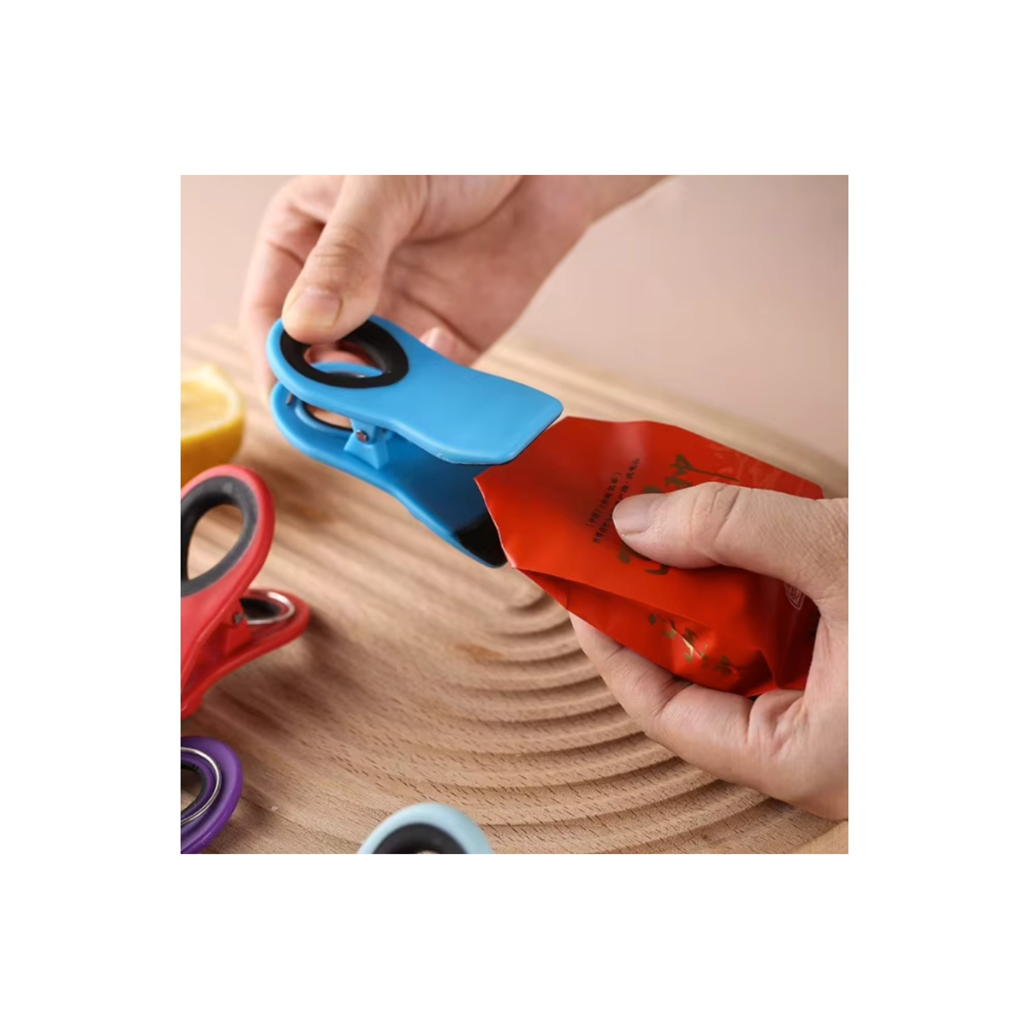 10-Piece Magnetic Bag Clip Set, Multi Blue – In Use – Dura Living