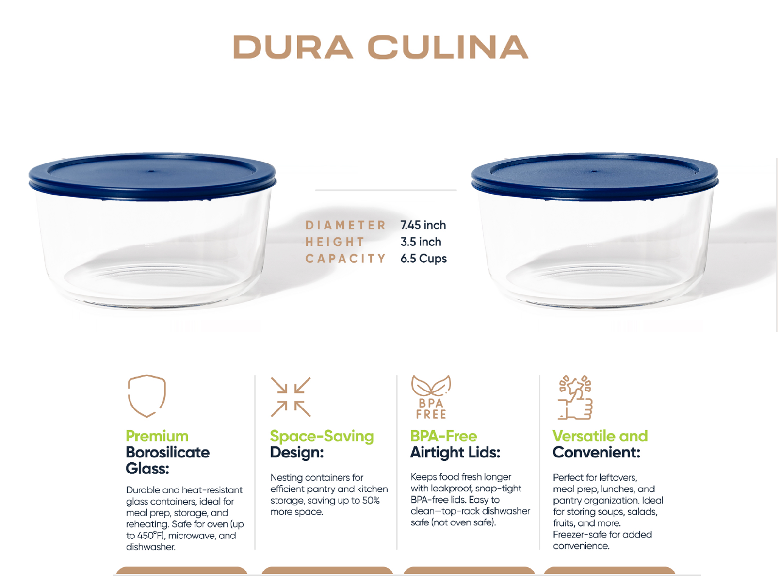 Glass Food Storage Containers - 4 Piece 6.55 Cup (2 Containers + 2 Lids) Set, Blue