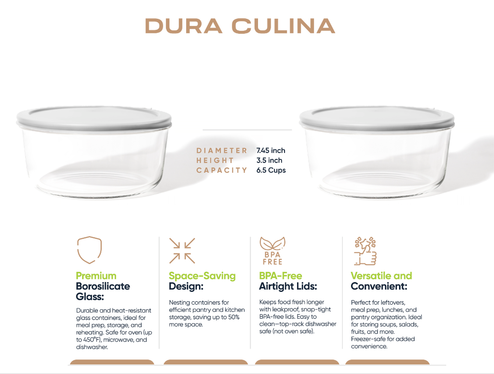 Glass Food Storage Containers - 4 Piece 6.55 Cup (2 Containers + 2 Lids) Set, Grey