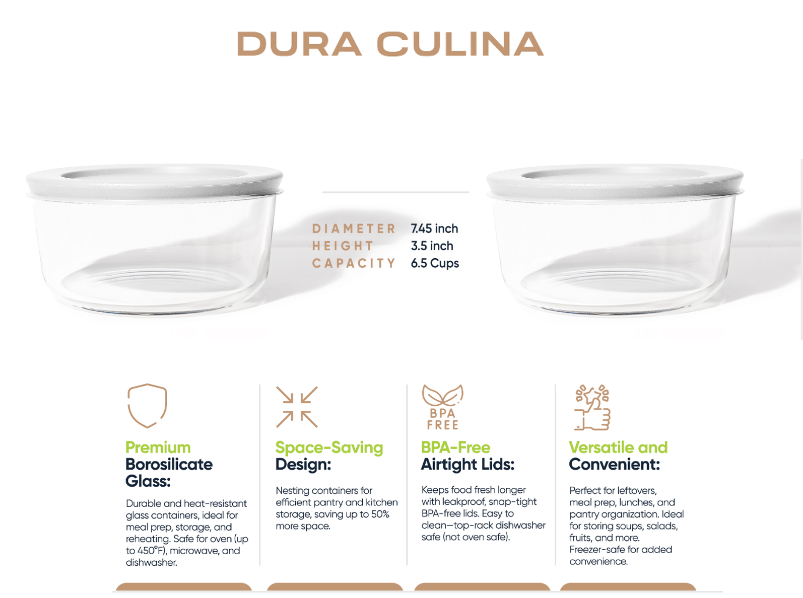 Glass Food Storage Containers - 4 Piece 6.55 Cup (2 Containers + 2 Lids) Set, White