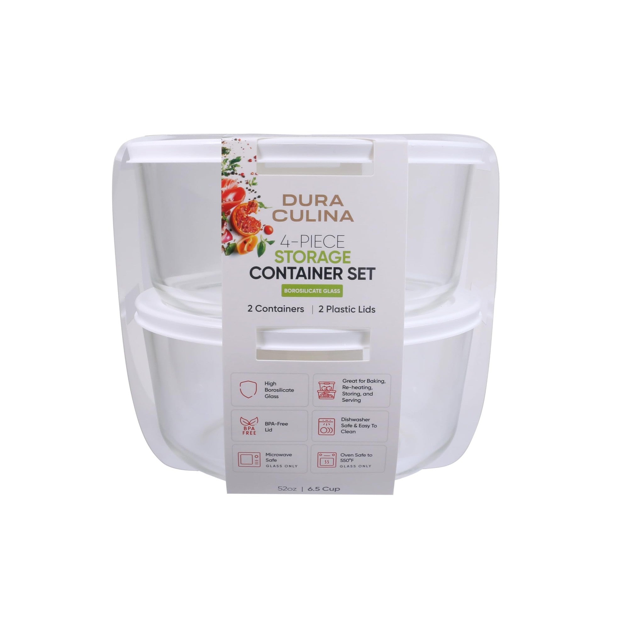 4 Piece Set (6.55 Cup / 52.4Oz) Round Glass Storage Containers With Lids, White – Scale Reference – Dura Living