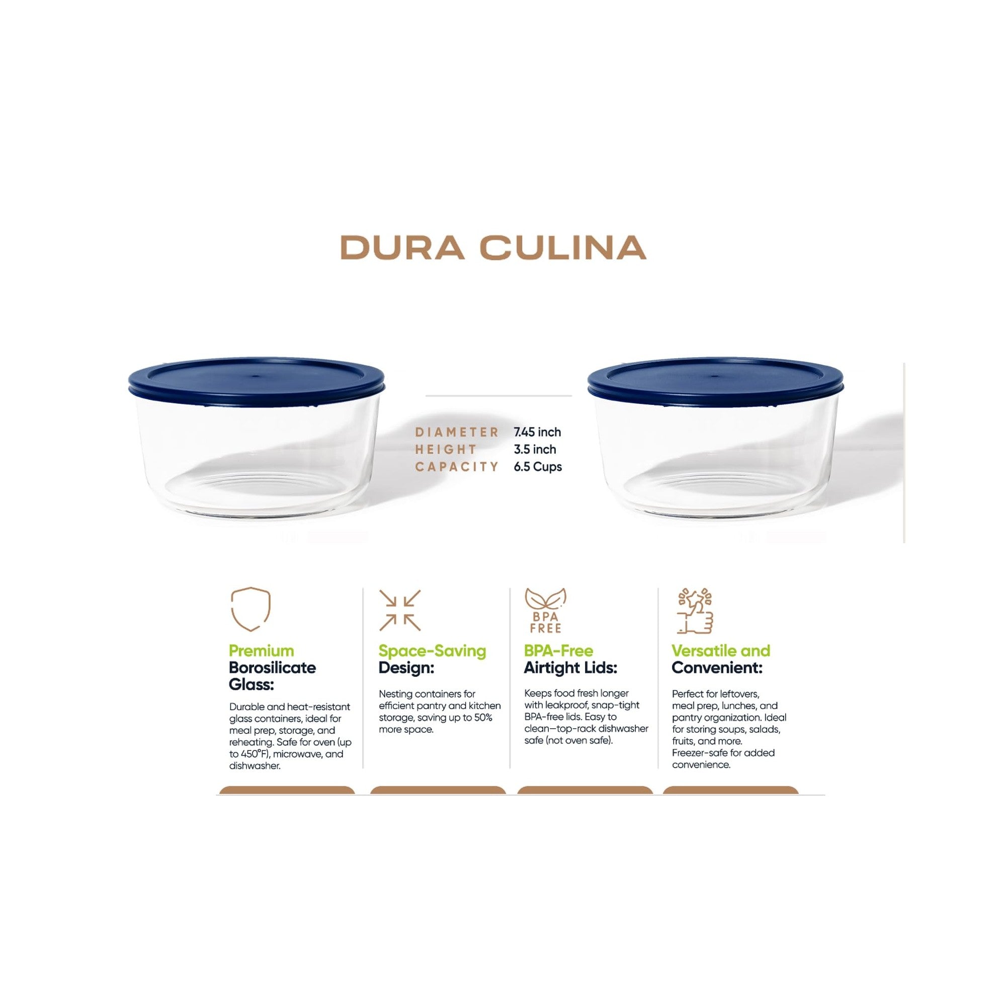 4 Piece Set (6.55 Cup / 52.4Oz) Round Glass Storage Containers With Lids, Blue – Detail – Dura Living