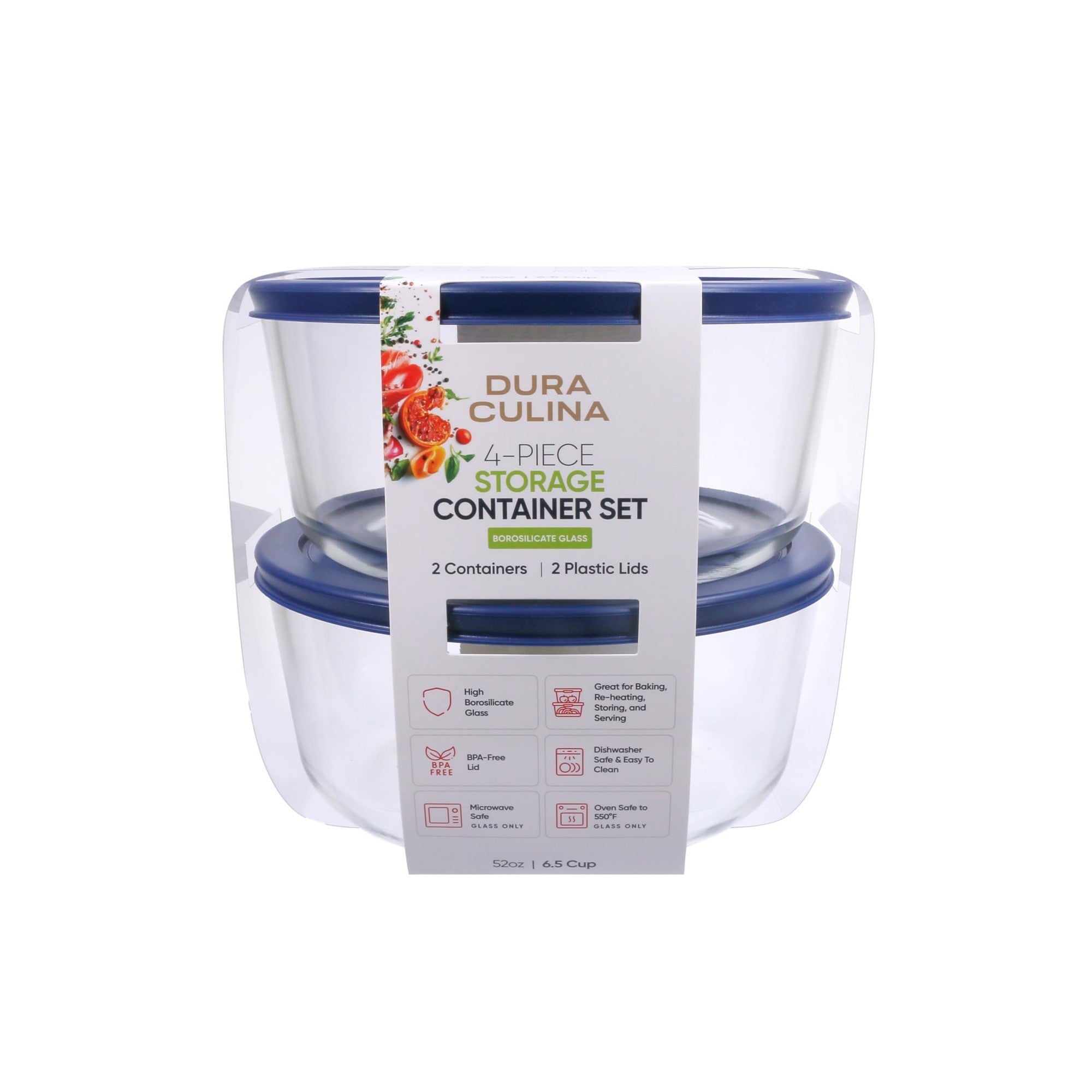 4 Piece Set (6.55 Cup / 52.4Oz) Round Glass Storage Containers With Lids, Blue – Scale Reference – Dura Living