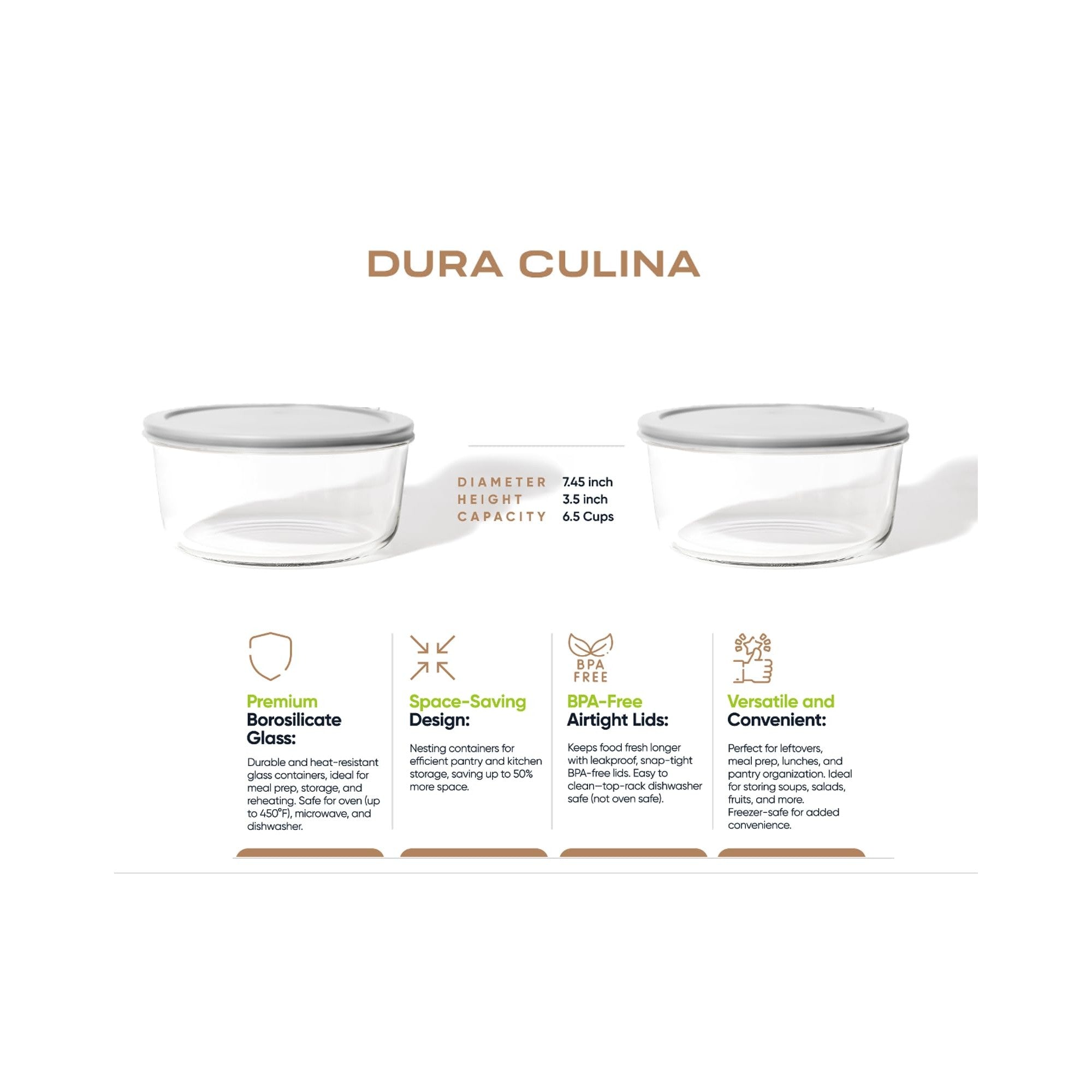 4 Piece Set (6.55 Cup / 52.4Oz) Round Glass Storage Containers With Lids, Grey – Detail – Dura Living