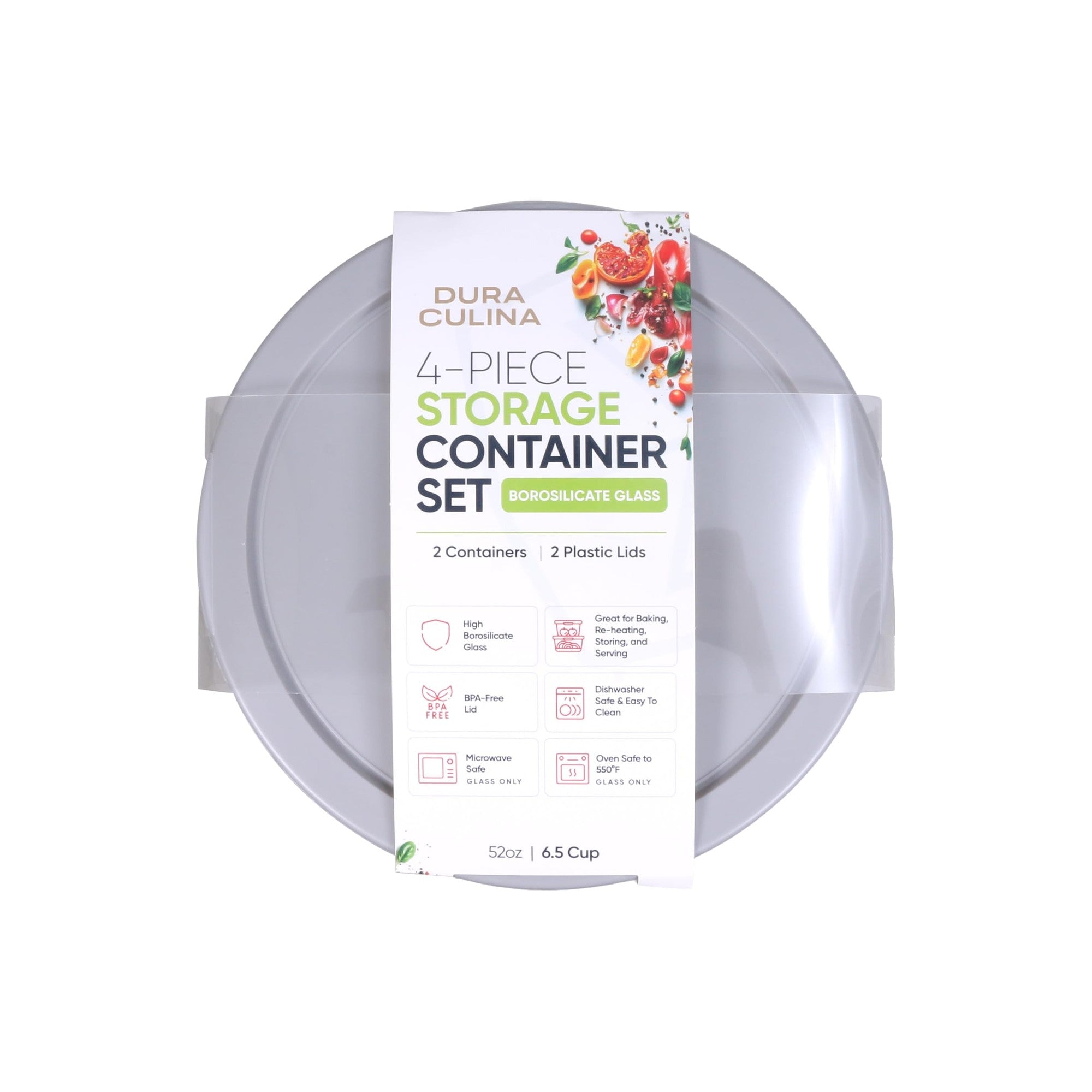 4 Piece Set (6.55 Cup / 52.4Oz) Round Glass Storage Containers With Lids, Grey – Full Set – Dura Living