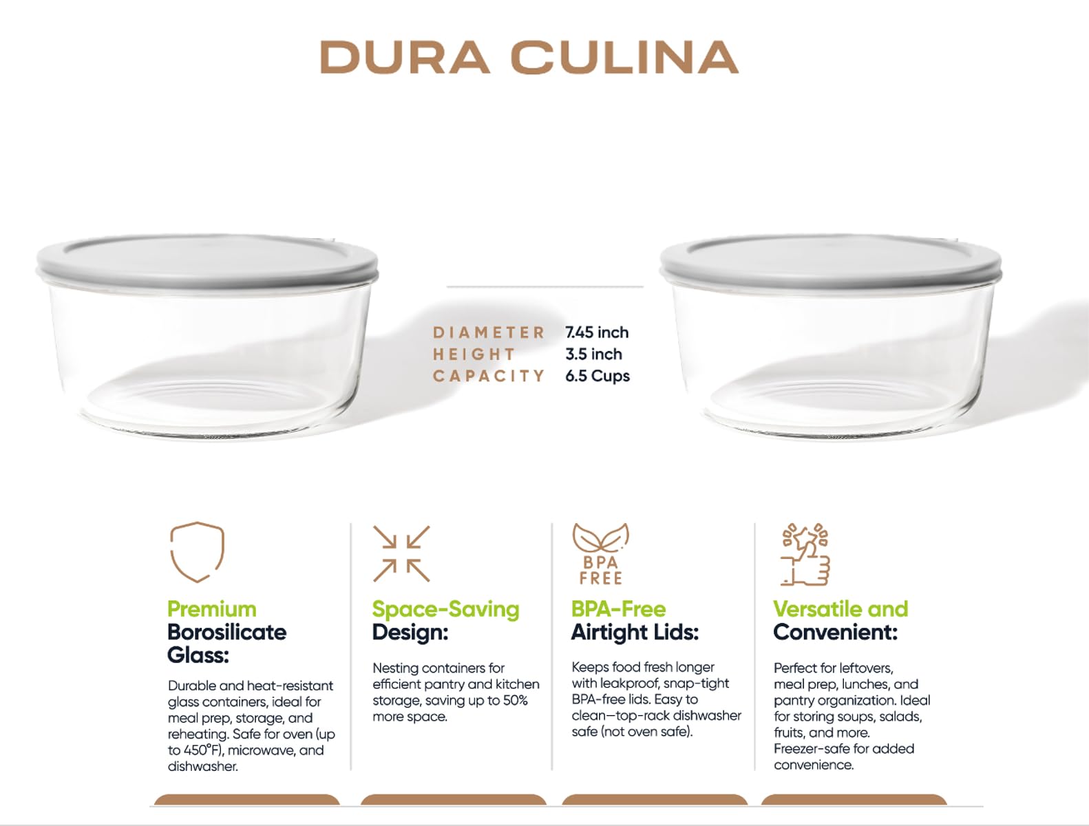 8 Piece (6.55 Cup / 52oz) Round Glass Food Storage Container Set (4 Containers + 4 Lids) with Bonus Lids