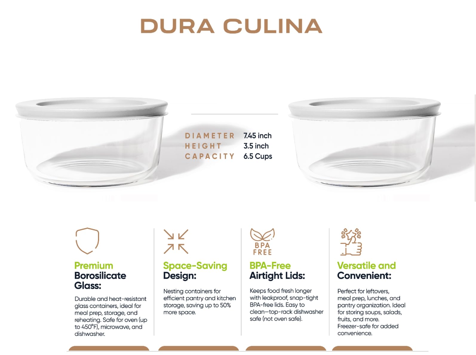 8 Piece (6.55 Cup / 52oz) Round Glass Food Storage Container Set (4 Containers + 4 Lids) with Bonus Lids