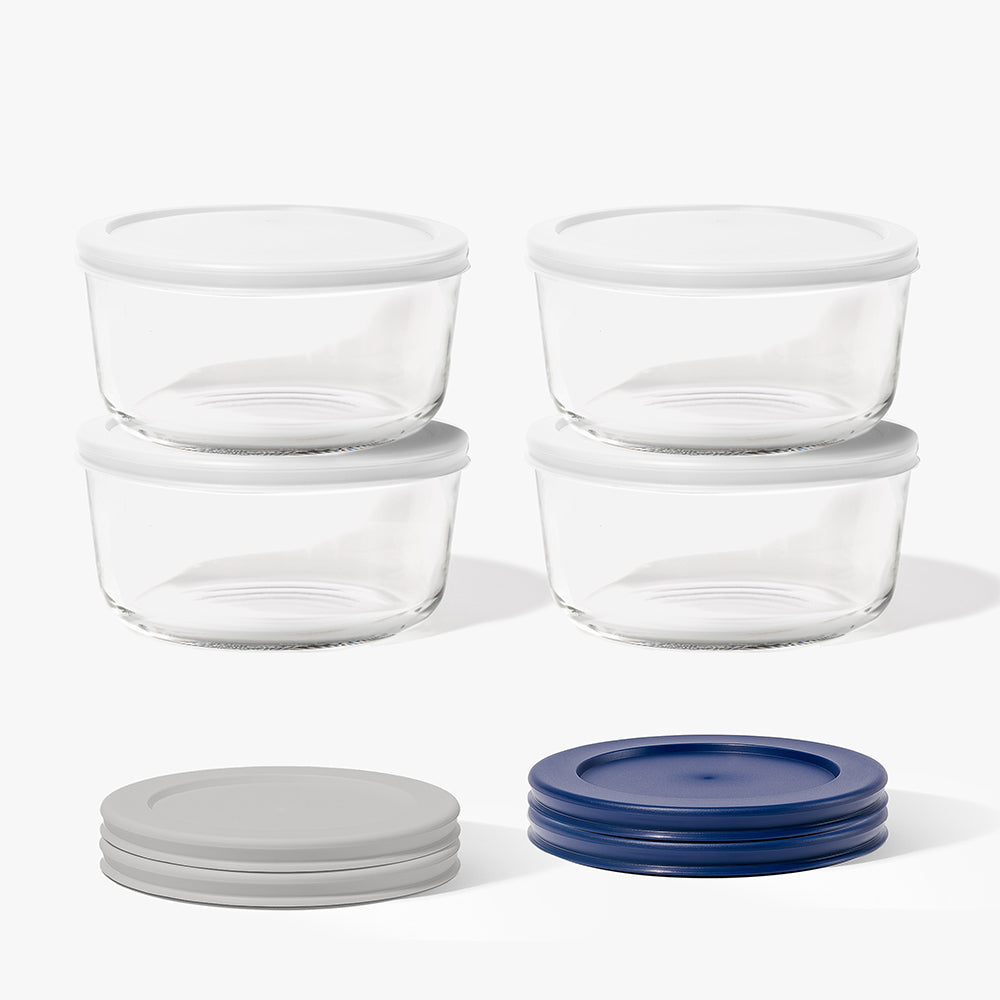 8 Piece (6.55 Cup / 52oz) Round Glass Food Storage Container Set (4 Containers + 4 Lids) with Bonus Lids