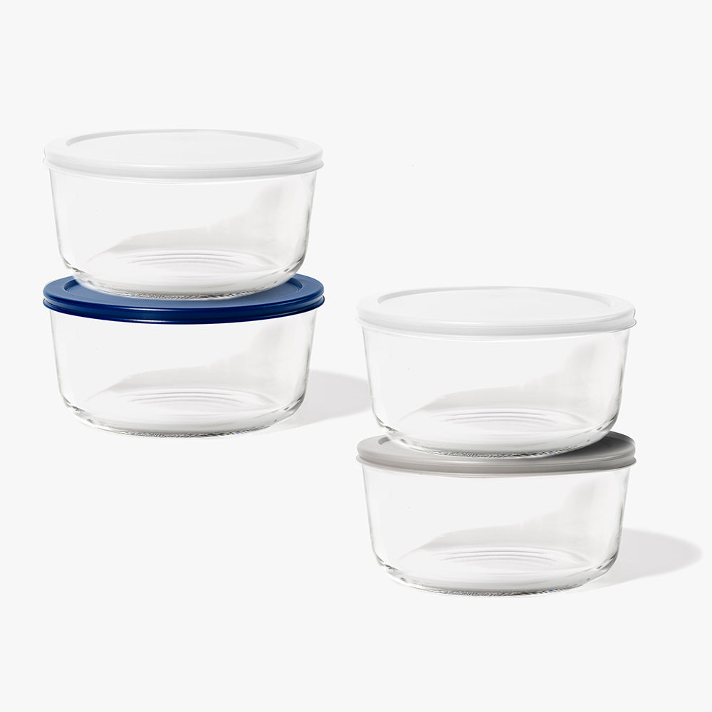 8 Piece (6.55 Cup / 52oz) Round Glass Food Storage Container Set (4 Containers + 4 Lids) with Bonus Lids
