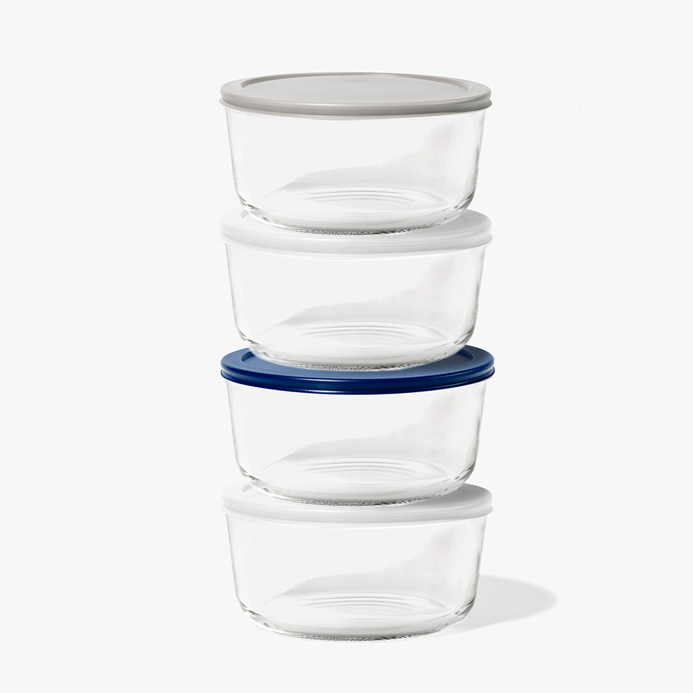8 Piece (6.55 Cup / 52oz) Round Glass Food Storage Container Set (4 Containers + 4 Lids) with Bonus Lids