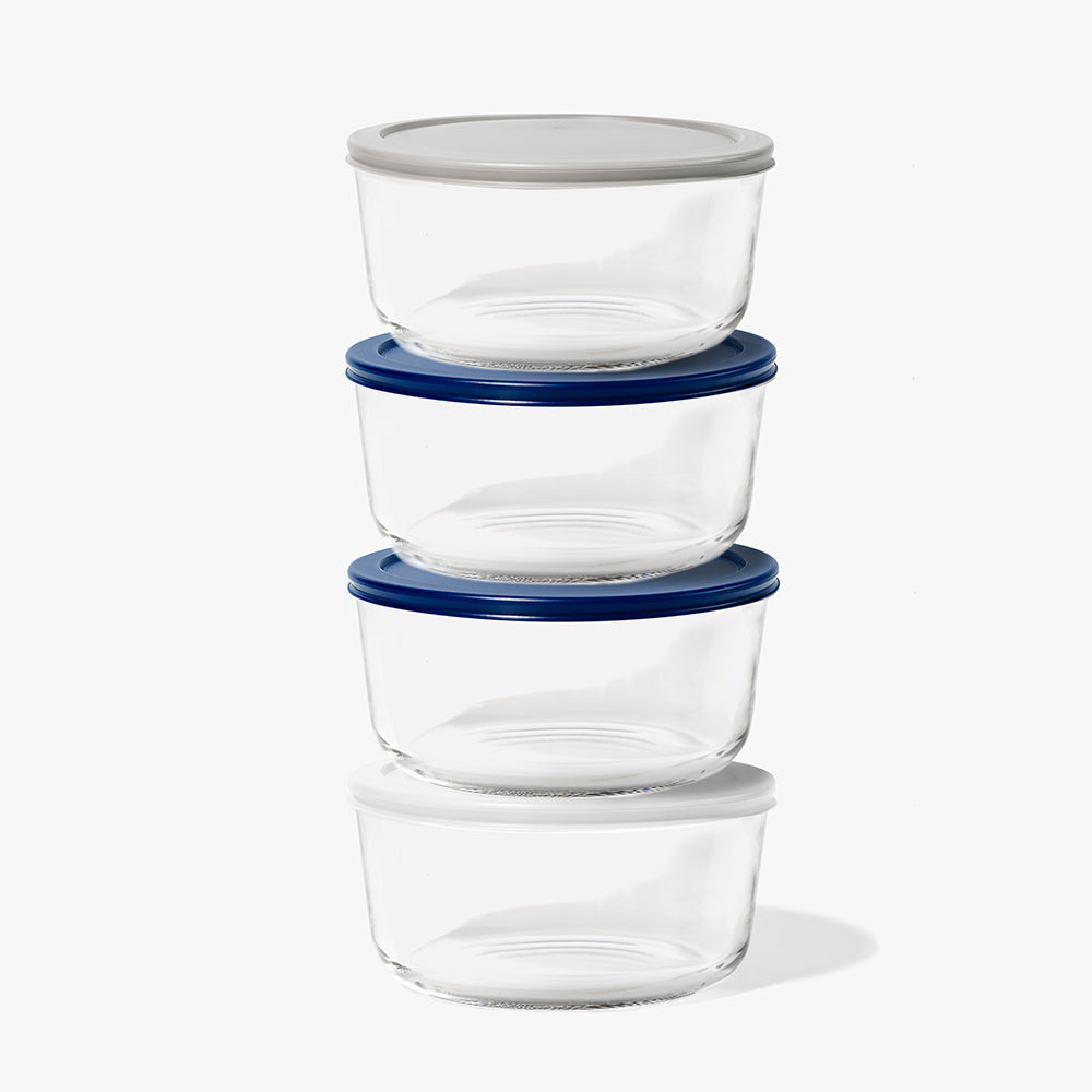 8 Piece (6.55 Cup / 52oz) Round Glass Food Storage Container Set (4 Containers + 4 Lids) with Bonus Lids