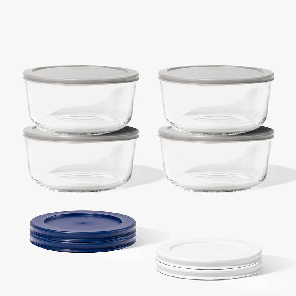 8 Piece (6.55 Cup / 52oz) Round Glass Food Storage Container Set (4 Containers + 4 Lids) with Bonus Lids
