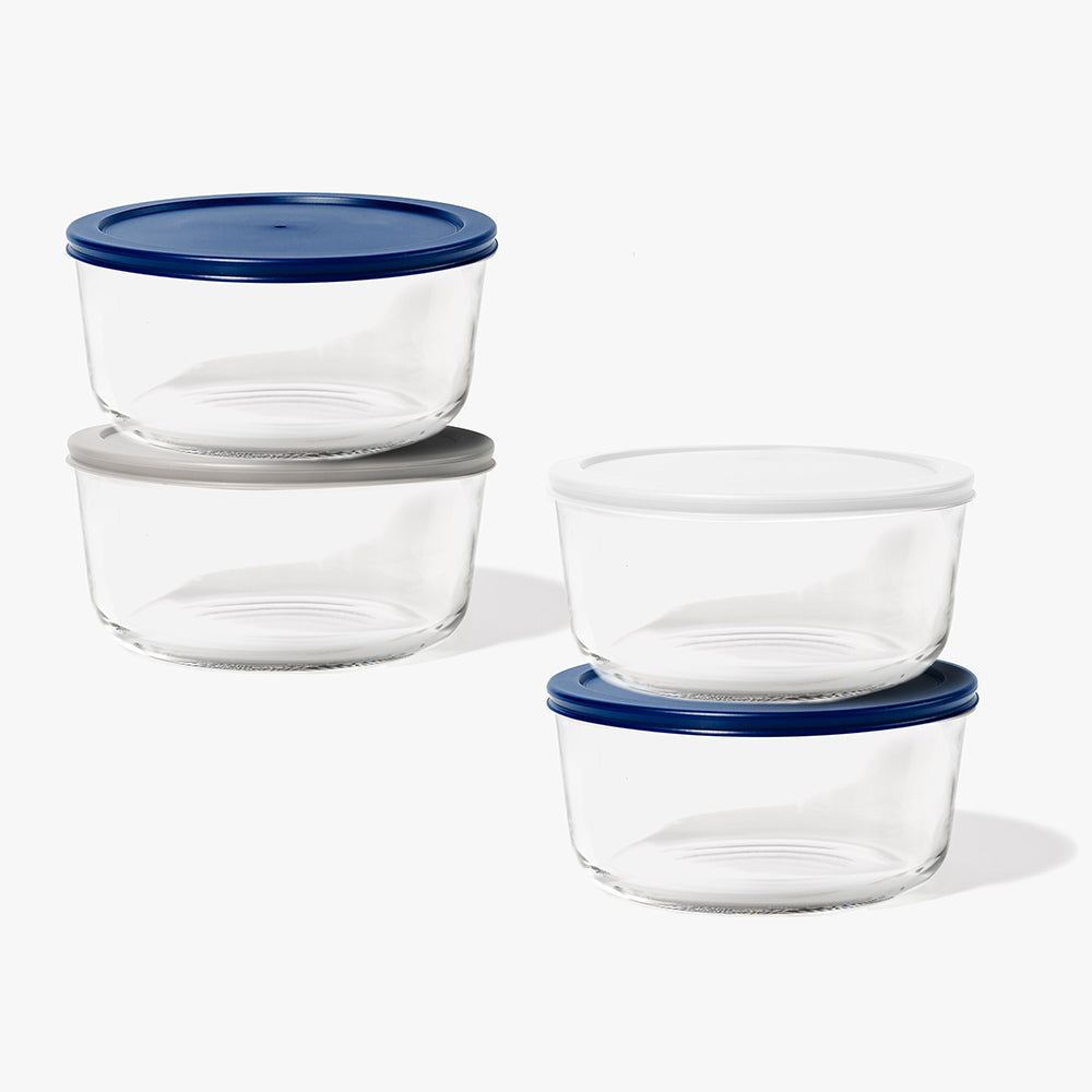 8 Piece (6.55 Cup / 52oz) Round Glass Food Storage Container Set (4 Containers + 4 Lids) with Bonus Lids