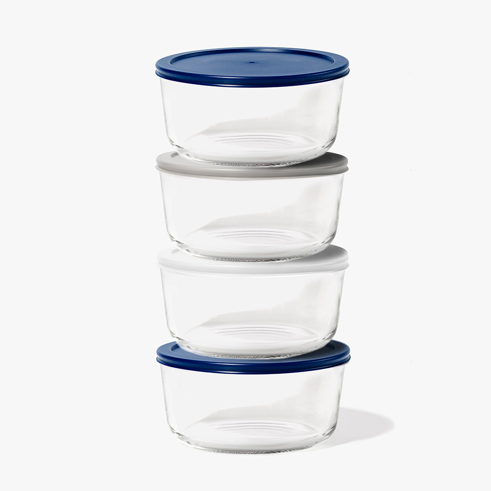 8 Piece (6.55 Cup / 52oz) Round Glass Food Storage Container Set (4 Containers + 4 Lids) with Bonus Lids