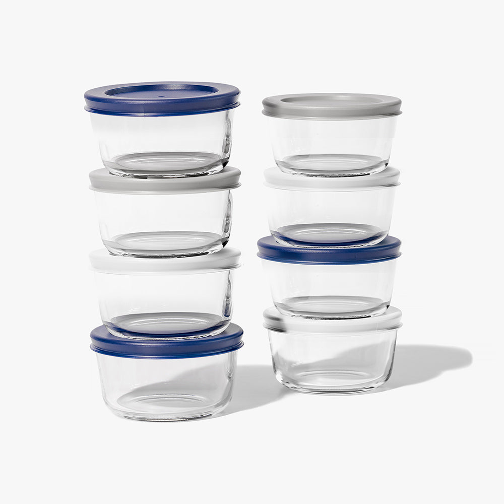 16 Piece (7oz) Round Glass Food Storage Container Set (8 Containers + 8 Lids) with Bonus Lids