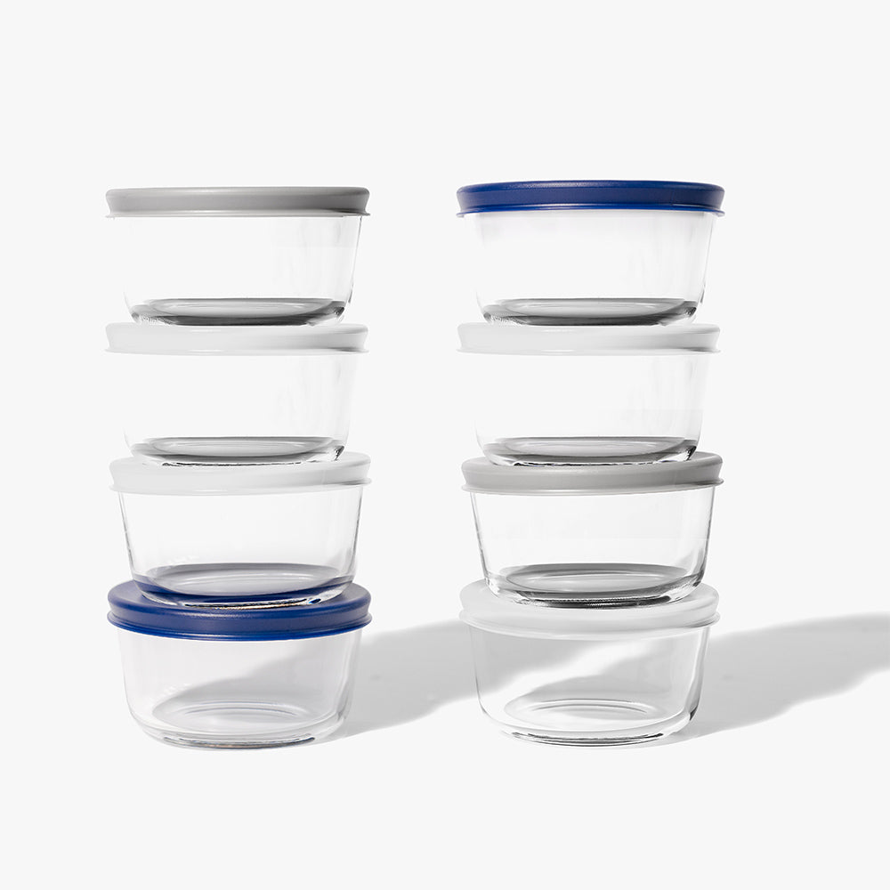16 Piece (7oz) Round Glass Food Storage Container Set (8 Containers + 8 Lids) with Bonus Lids