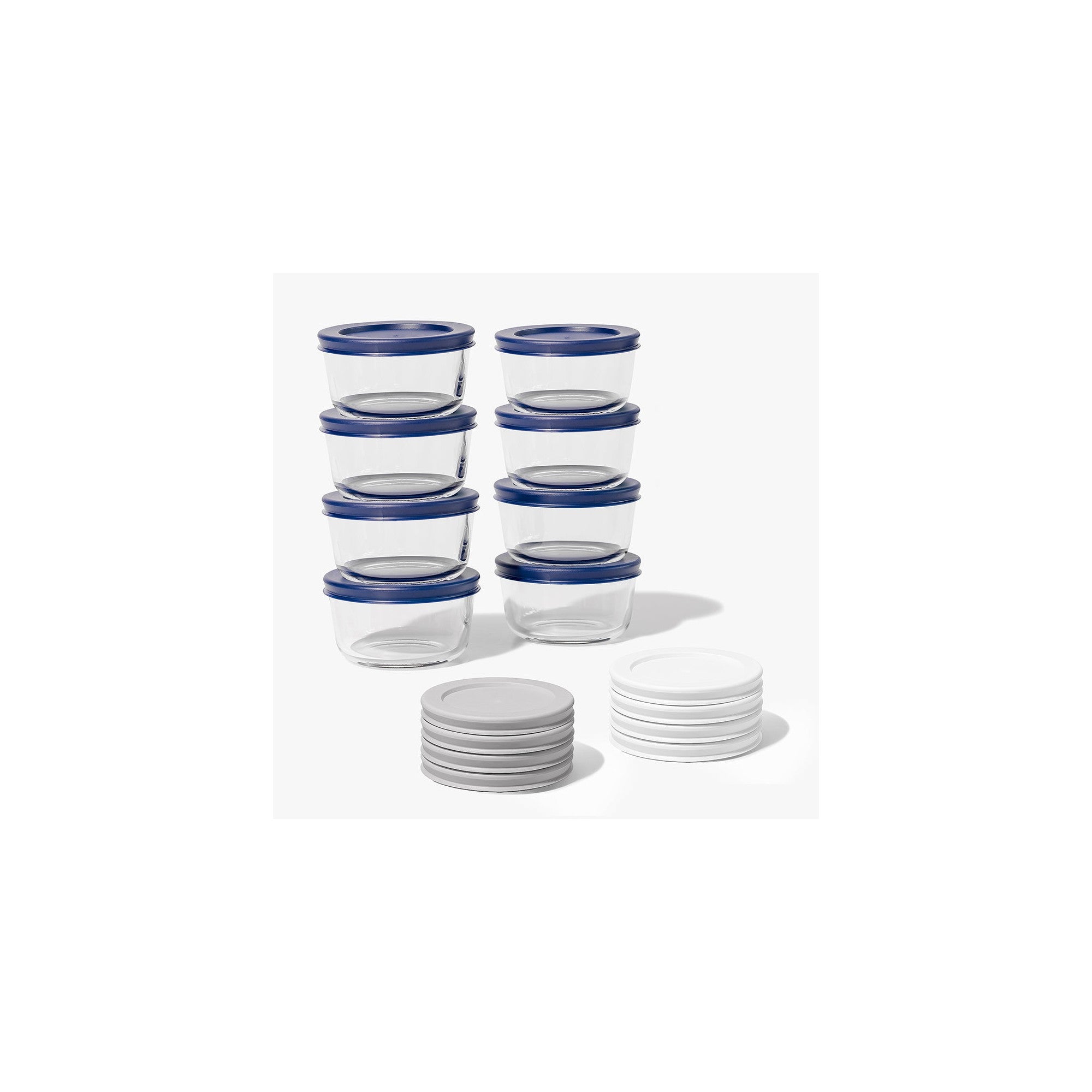 16 Piece (7oz) Round Glass Food Storage Container Set (8 Containers + 8 Lids) with Bonus Lids – Dura Living