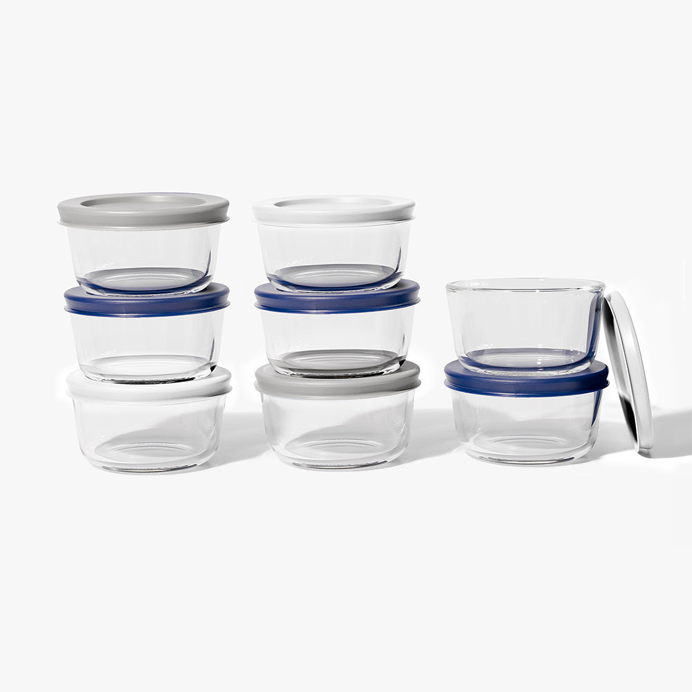 16 Piece (7oz) Round Glass Food Storage Container Set (8 Containers + 8 Lids) with Bonus Lids