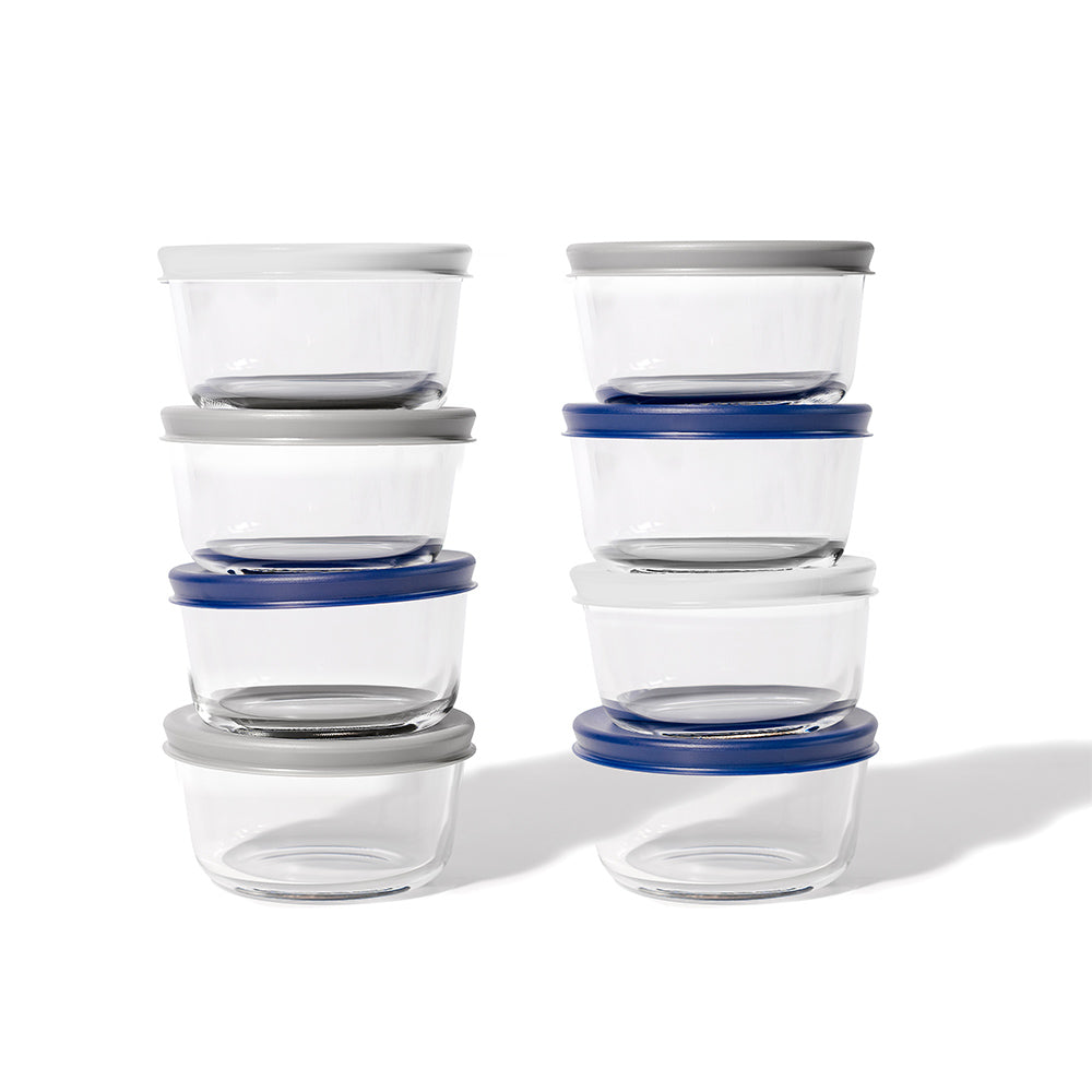 16 Piece (7oz) Round Glass Food Storage Container Set (8 Containers + 8 Lids) with Bonus Lids