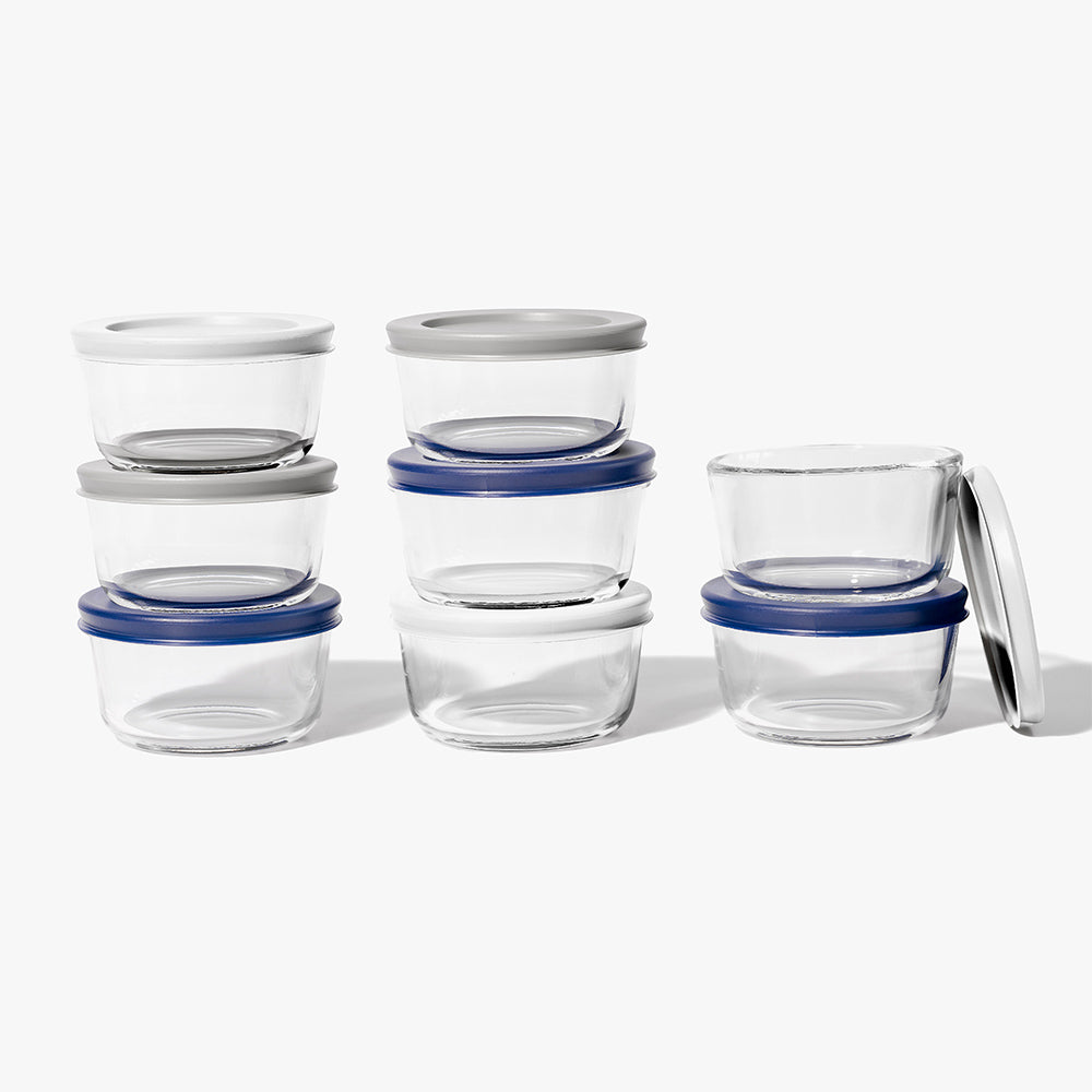 16 Piece (7oz) Round Glass Food Storage Container Set (8 Containers + 8 Lids) with Bonus Lids