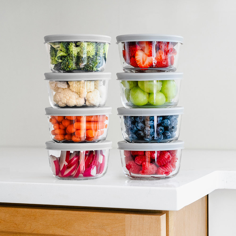 16 Piece (7oz) Round Glass Food Storage Container Set (8 Containers + 8 Lids) with Bonus Lids