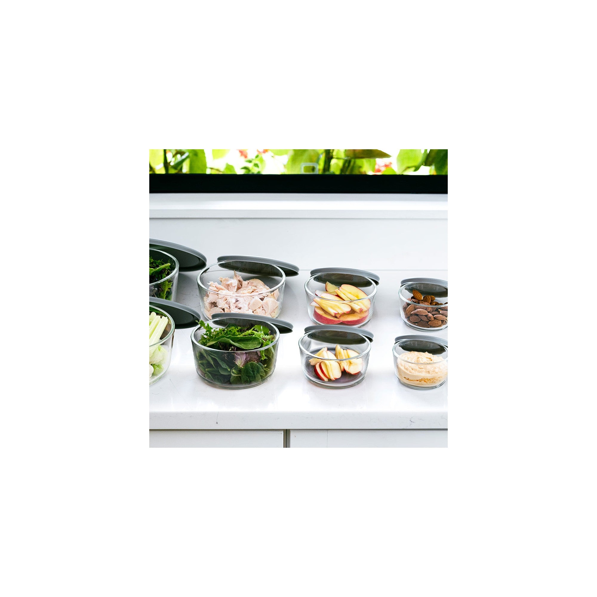 16 Piece Round Nest Space-Saving Glass Storage Container Set (8 Containers + 8 Lids) With Bonus Lids – Detail – Dura Living