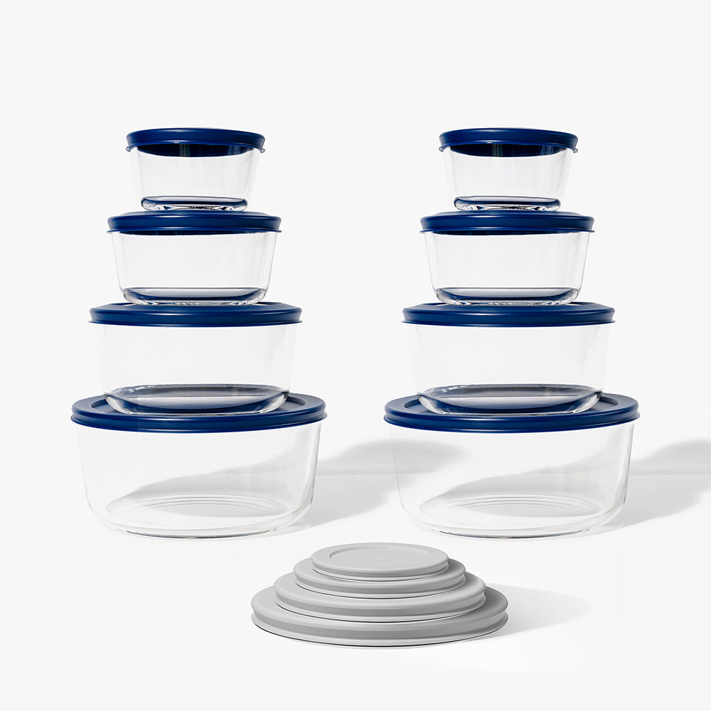 16 Piece Round Nest Space-Saving Glass Storage Container Set (8 Containers + 8 Lids) With Bonus Lids