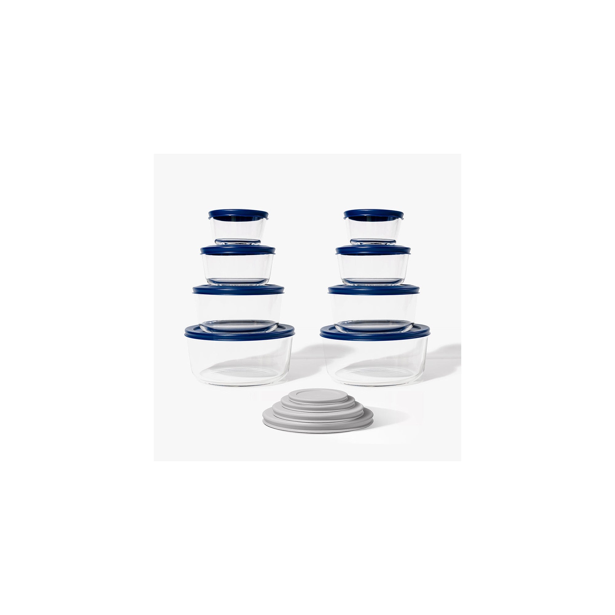 16 Piece Round Nest Space-Saving Glass Storage Container Set (8 Containers + 8 Lids) With Bonus Lids – Main View – Dura Living