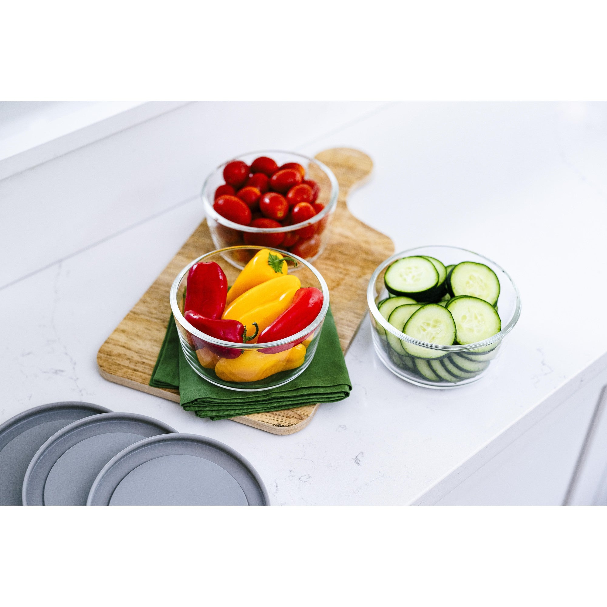 6 Piece Set (2 Cup / 16Oz)  Round Glass Storage Containers With Lids, Grey – Alternate View – Dura Living