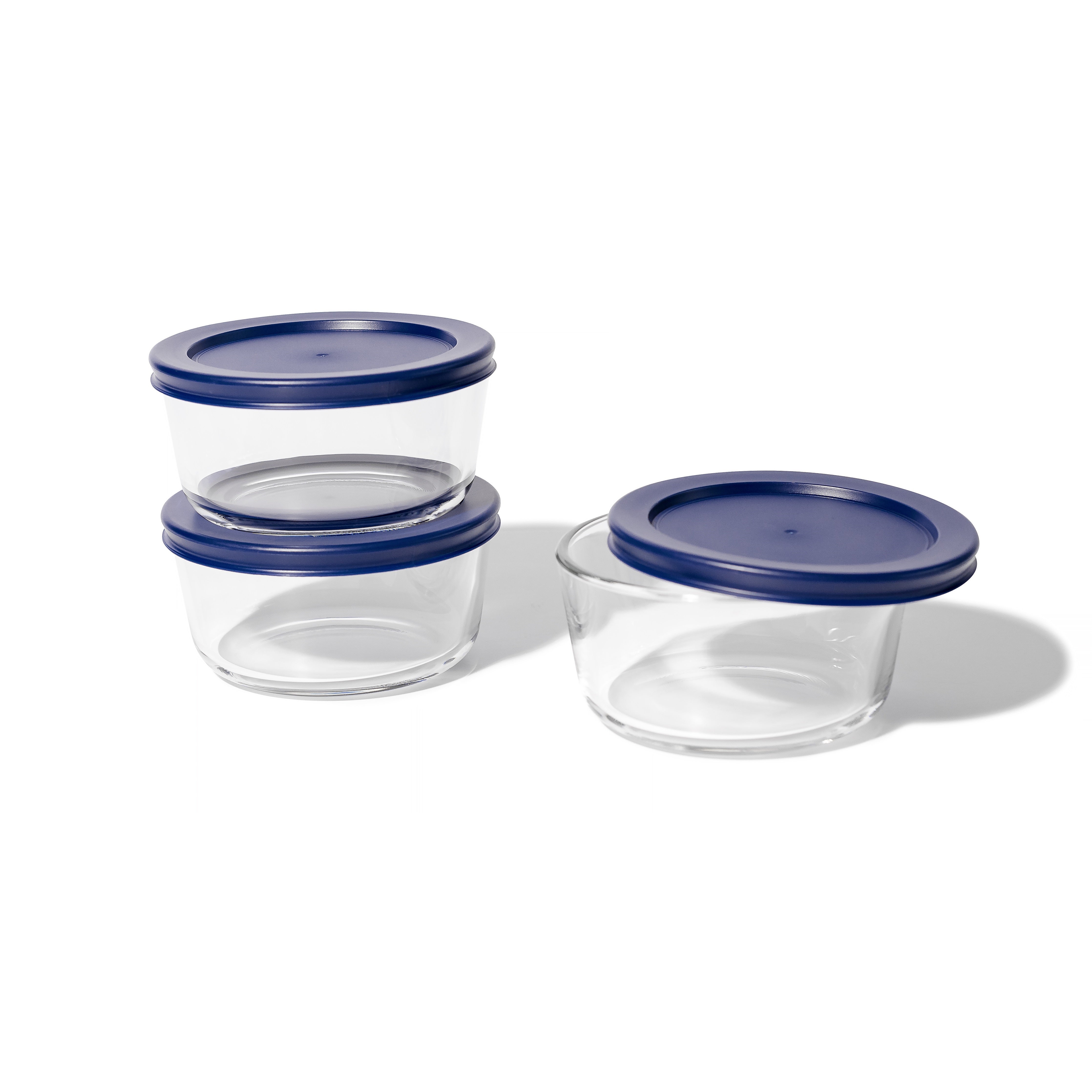 6 Piece Set (2 Cup / 16Oz)  Round Glass Storage Containers With Lids, Blue – Main View – Dura Living