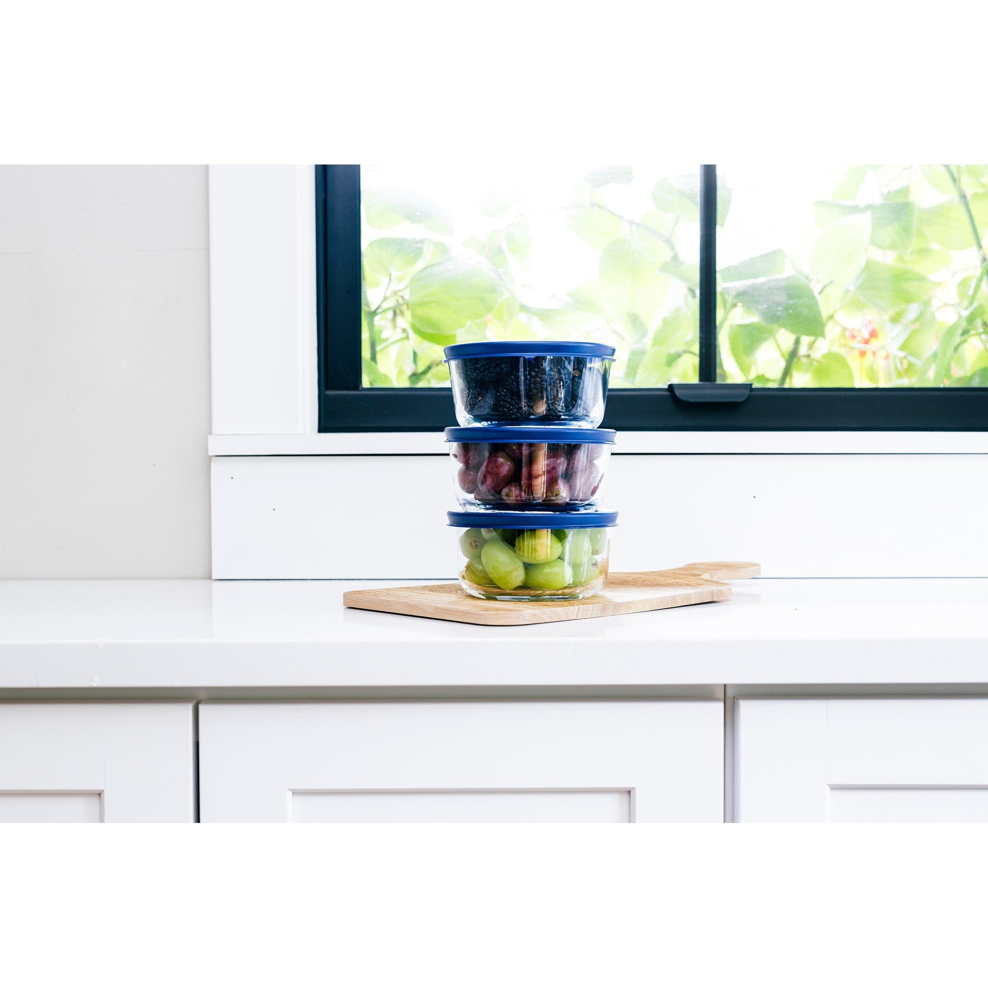 6 Piece Set (2 Cup / 16Oz)  Round Glass Storage Containers With Lids, Blue – Scale Reference – Dura Living