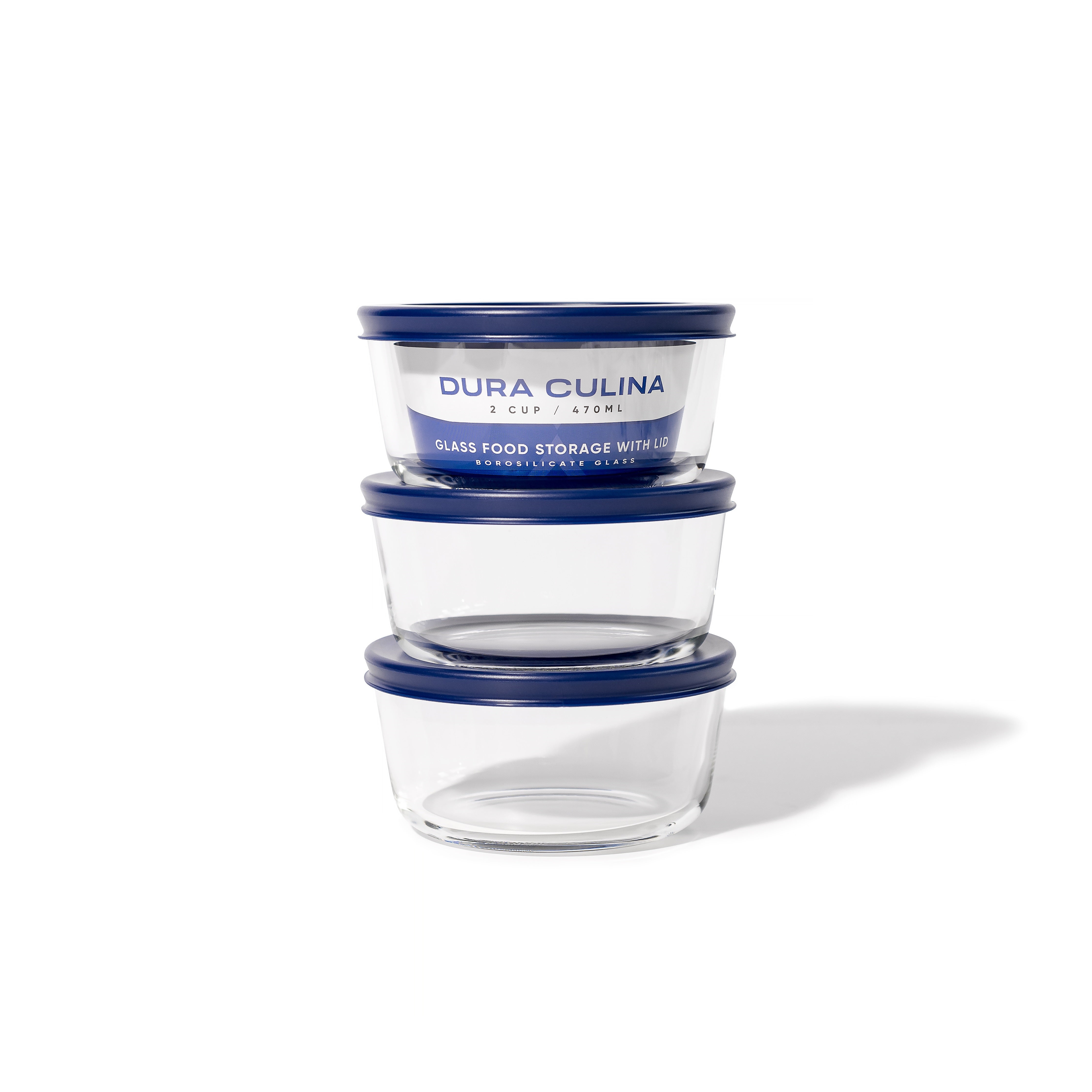 6 Piece Set (2 Cup / 16Oz)  Round Glass Storage Containers With Lids, Blue – Full Set – Dura Living