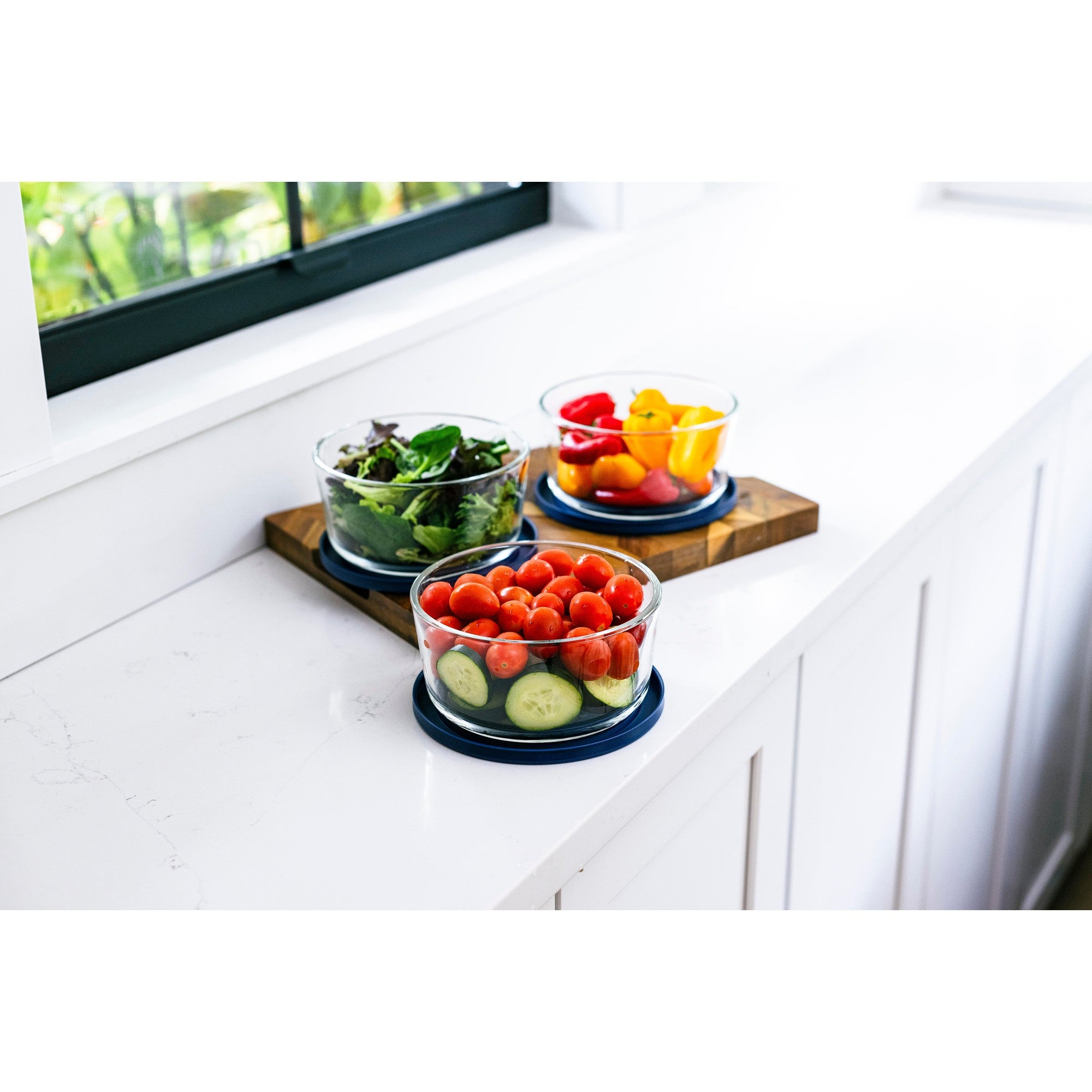 6 Piece Set (4 Cup / 32Oz ) Round Glass Storage Containers With Lids, Blue – Scale Reference – Dura Living
