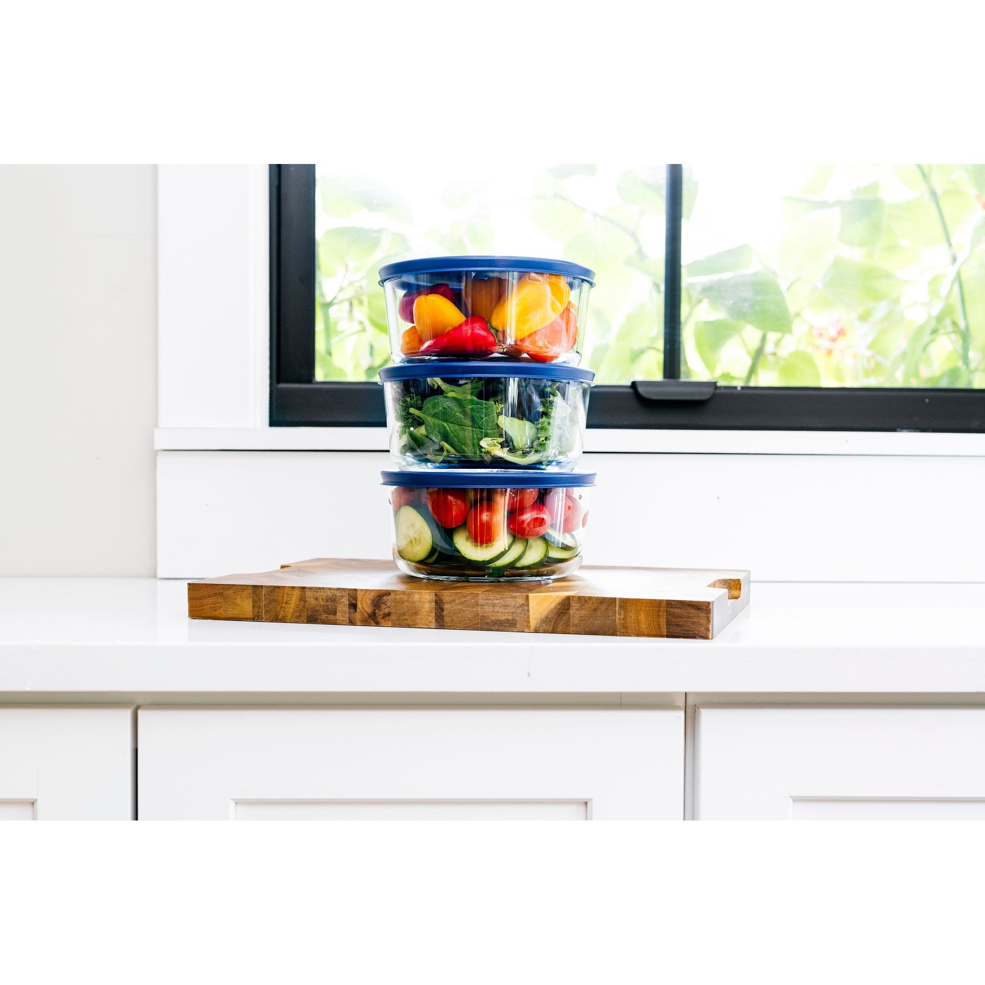 6 Piece Set (4 Cup / 32Oz ) Round Glass Storage Containers With Lids, Blue – Full Set – Dura Living