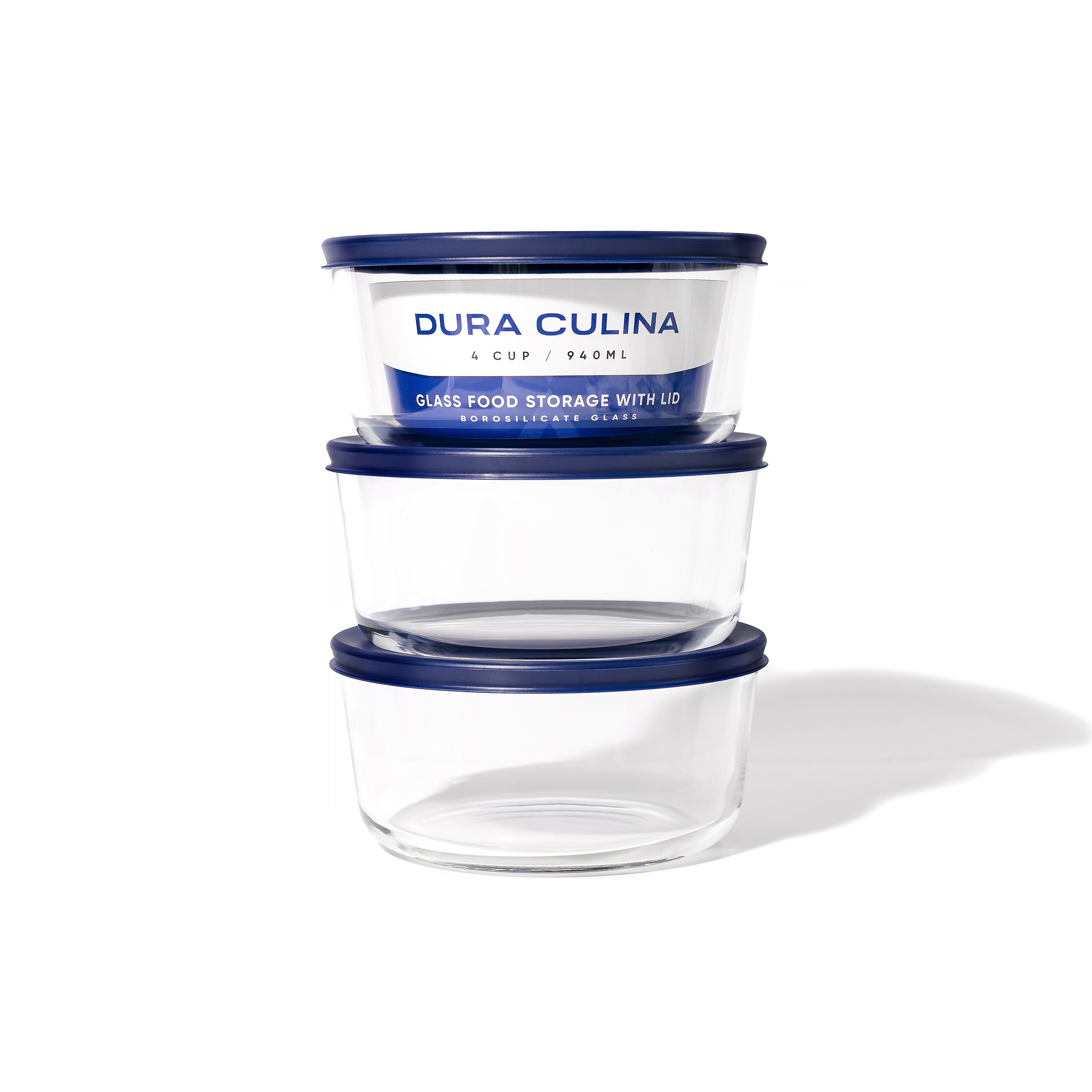6 Piece Set (4 Cup / 32Oz ) Round Glass Storage Containers With Lids, Blue – Packaging – Dura Living
