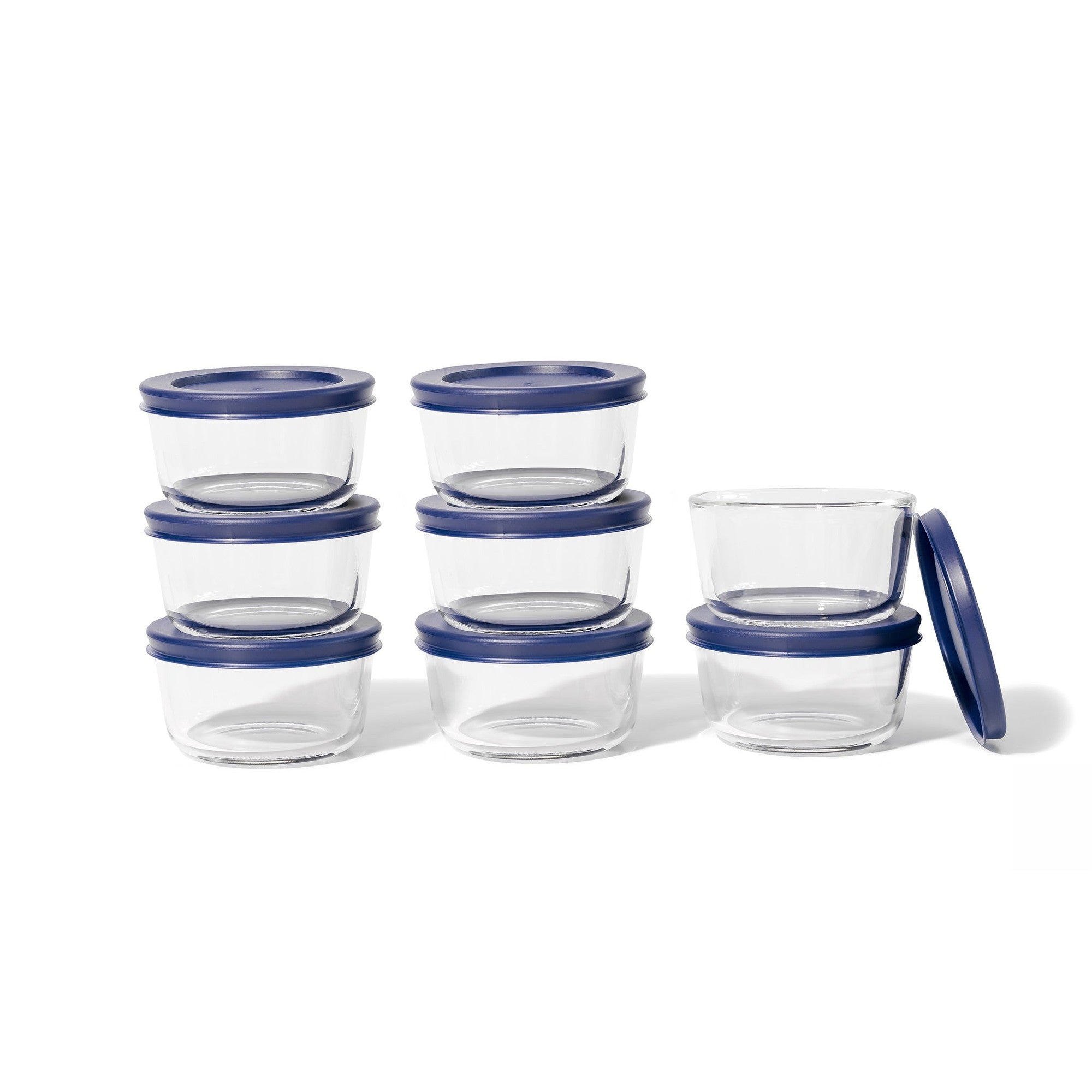 16 Piece Set (1 Cup / 8Oz)  Round Glass Storage Containers With Lids, Blue – Full Set – Dura Living