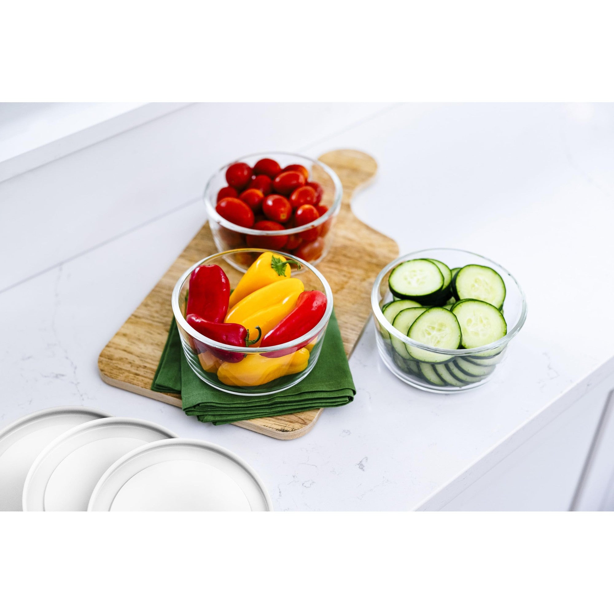 6 Piece Set (2 Cup / 16Oz)  Round Glass Storage Containers With Lids, White – Full Set – Dura Living