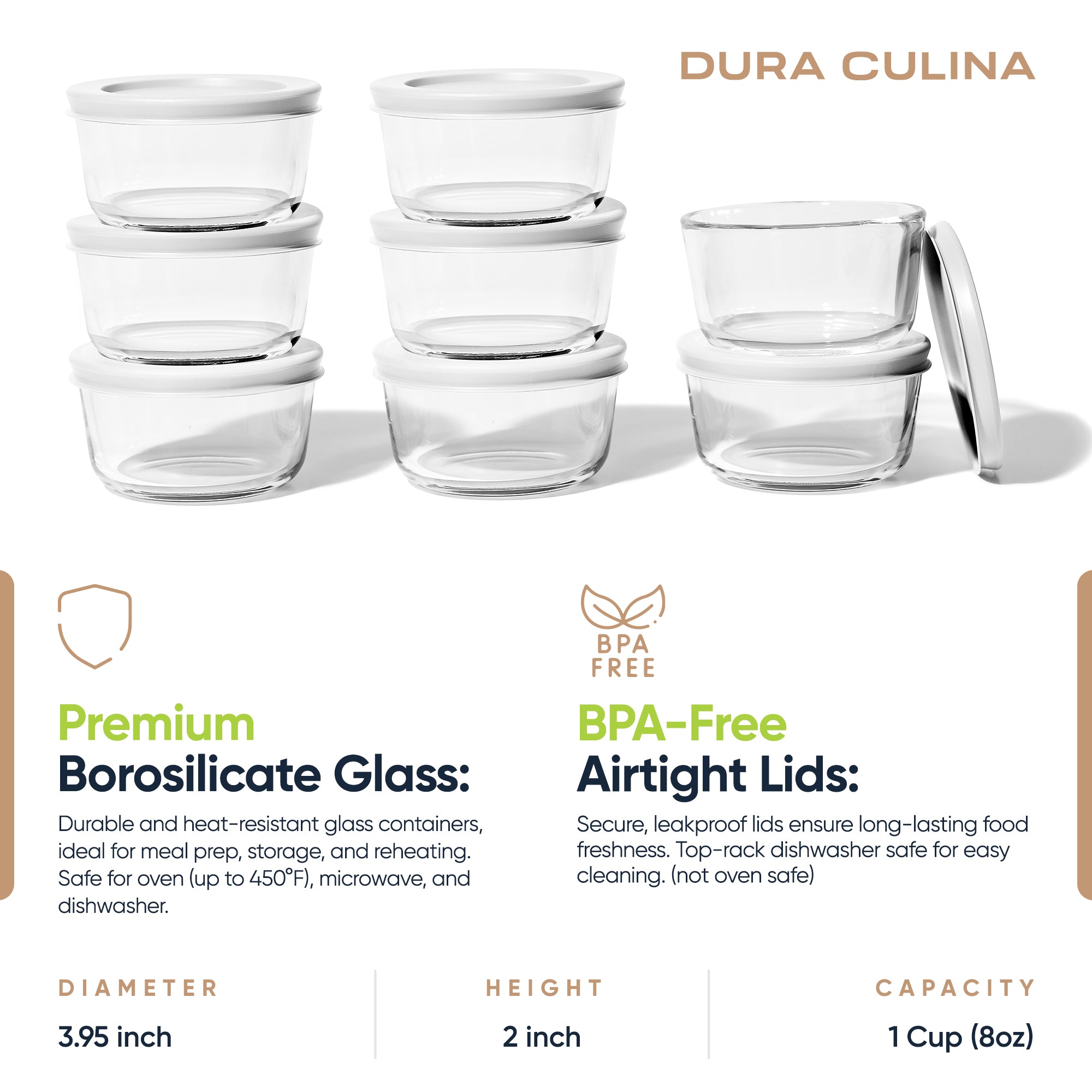 16 Piece Set (1 Cup / 8Oz)  Round Glass Storage Containers With Lids, White – Close-Up – Dura Living