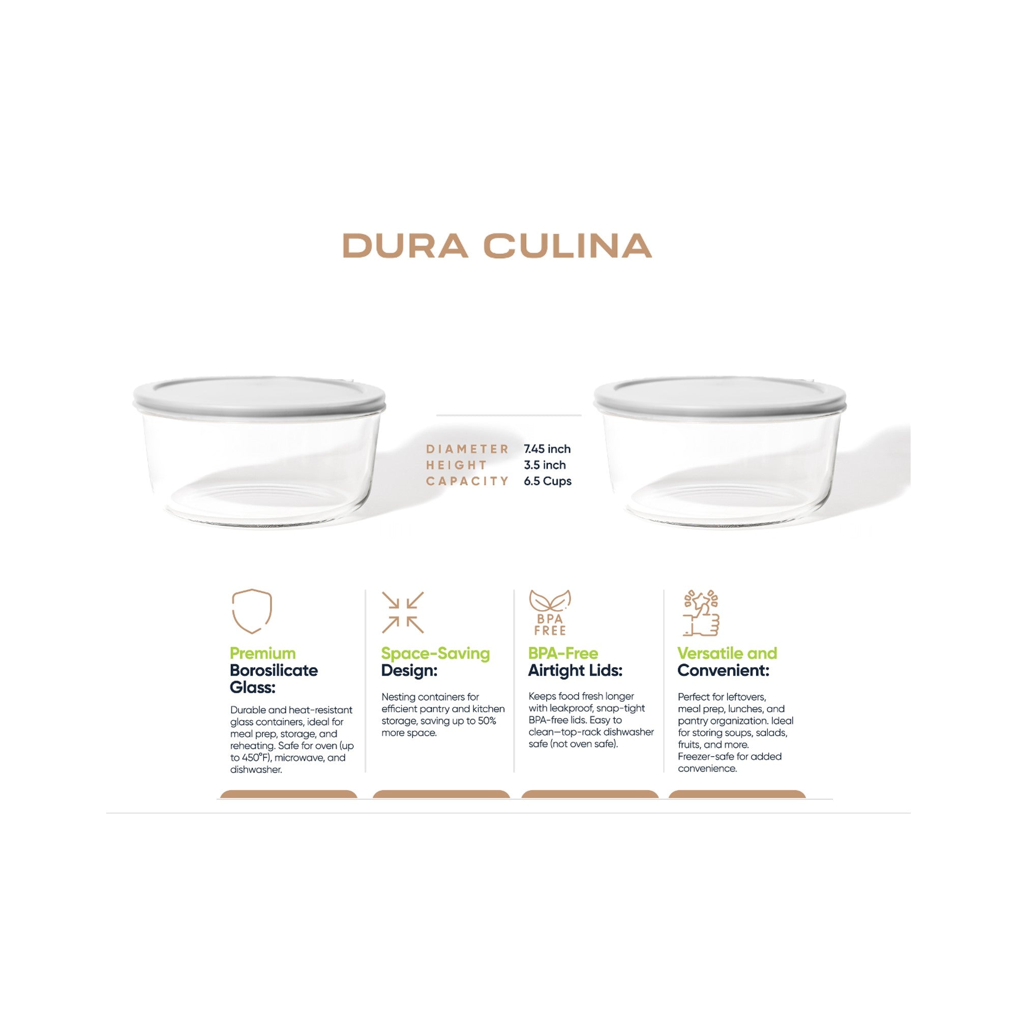 4 Piece Set (6.55 Cup / 52.4Oz) Round Glass Storage Containers With Lids, Grey – Packaging – Dura Living