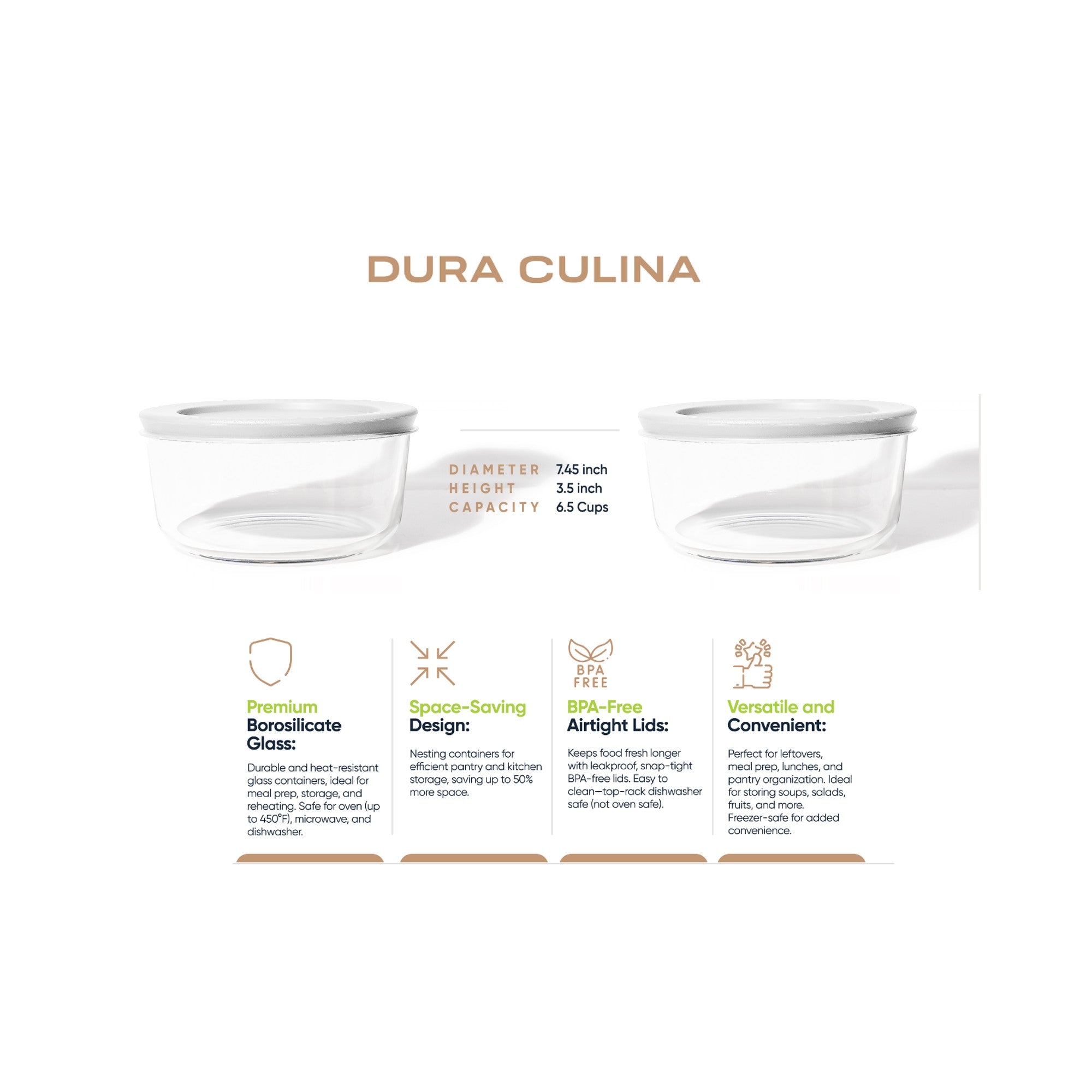4 Piece Set (6.55 Cup / 52.4Oz) Round Glass Storage Containers With Lids, White – Full Set – Dura Living